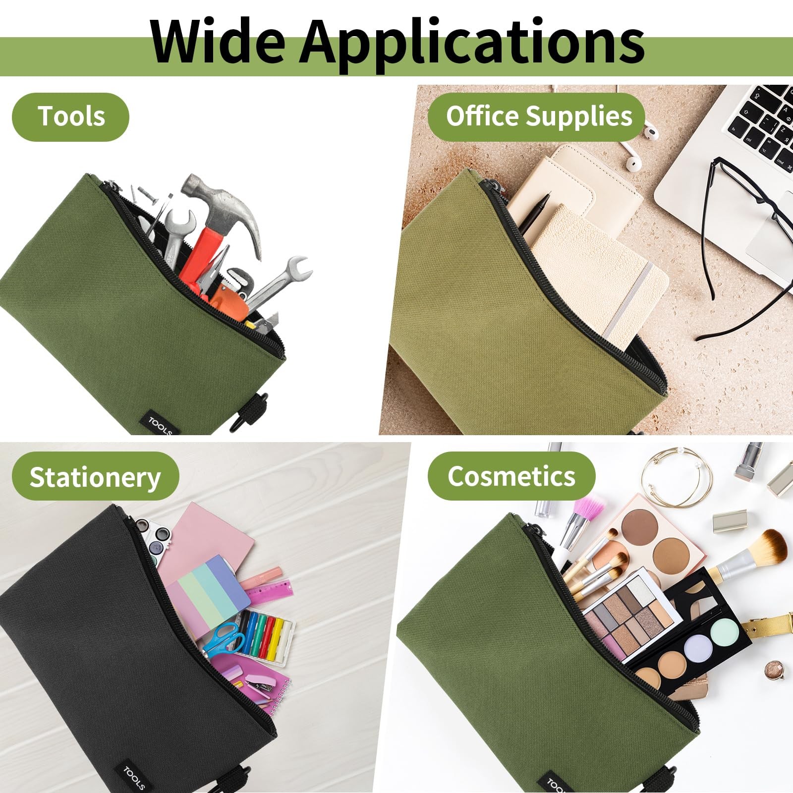 3 Pcs Zipper Tool Pouches, 10 Inch Flat Bottom Utility Bags with Carabiner