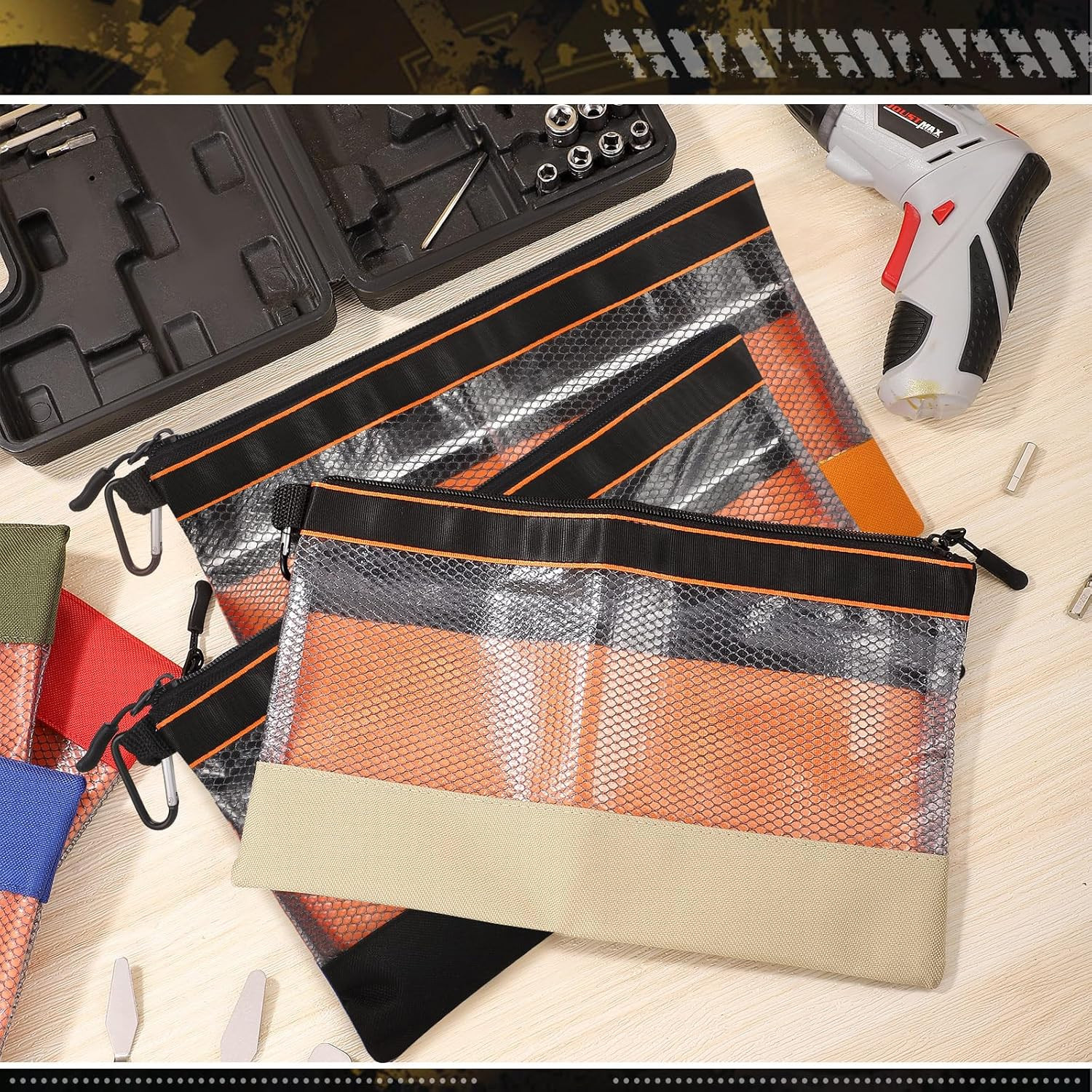6 Pack 11.8 Inch Clear Mesh Tool Pouch Zipper Bags Heavy Duty Organizer Pouches