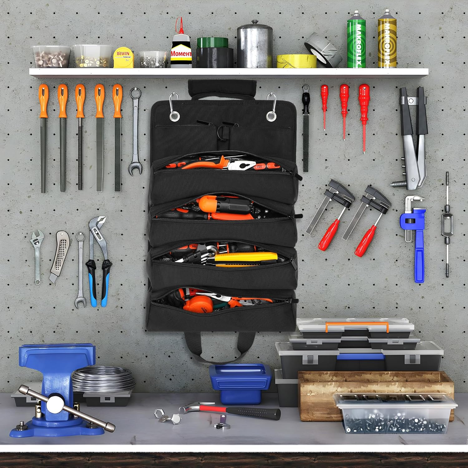 Roll Up Tool Bag Organizer – Durable Oxford Fabric, 6 Pockets, Compact/Portable