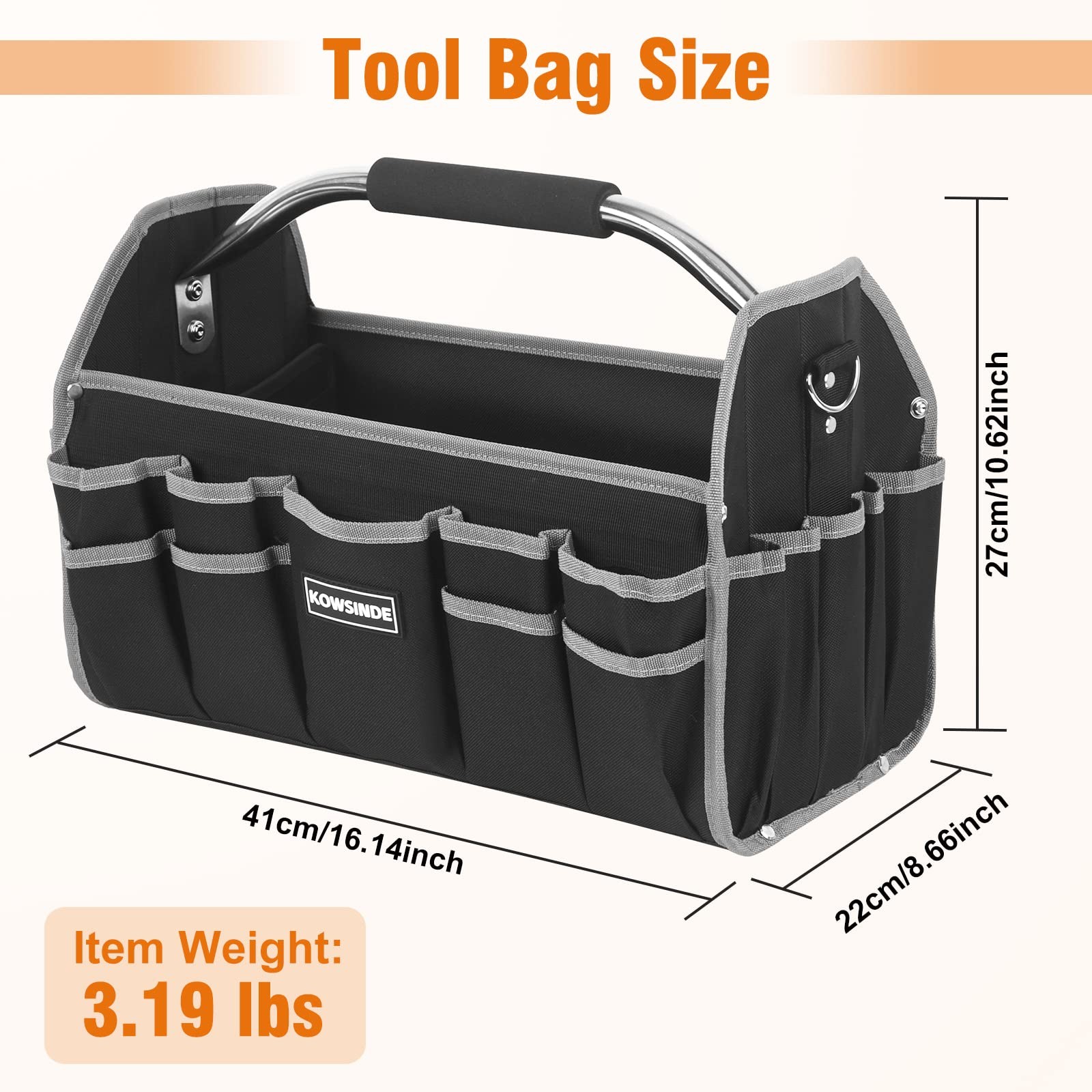 Kowsinde 16 Inch Tool Bag, Electrician Open Top 16 inches, Grey