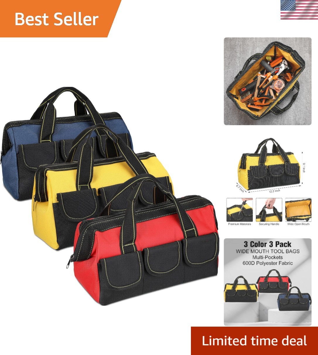 Portable 13 Inch Multi-Colored Tool Bag Set with Hard Bottom – Waterproof Design