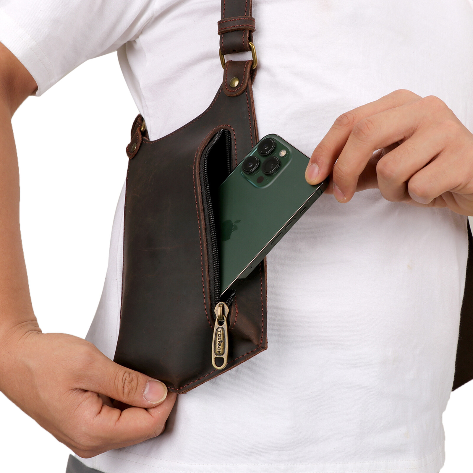 TOURBON Leather Double Phone Underarm Case Suspender Shoulder Wear Harness Bag