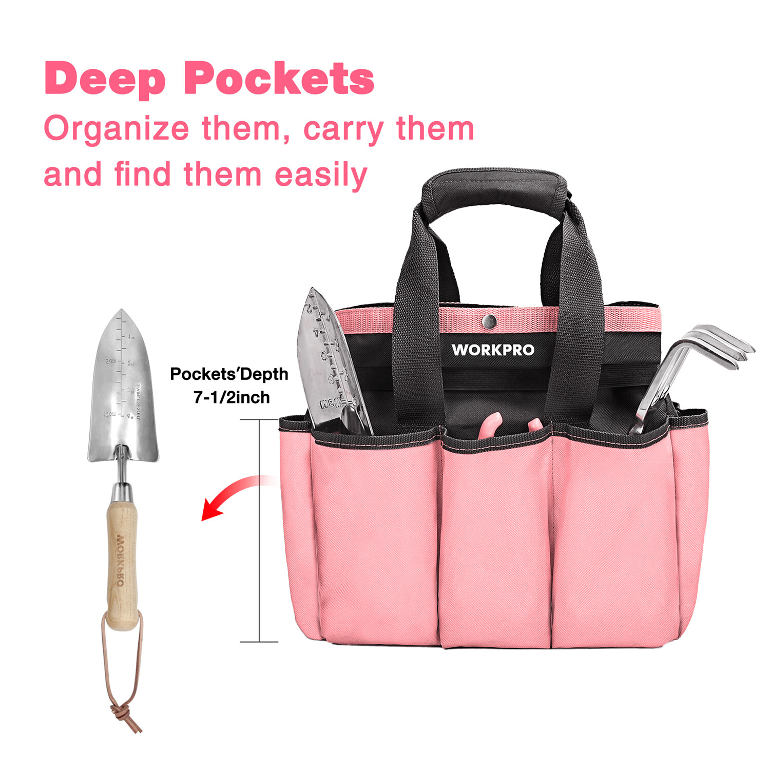 WORKPRO Garden Bag Garden Tool Tote Storage Bag with 8 Pockets Pink Ribbon Gifts