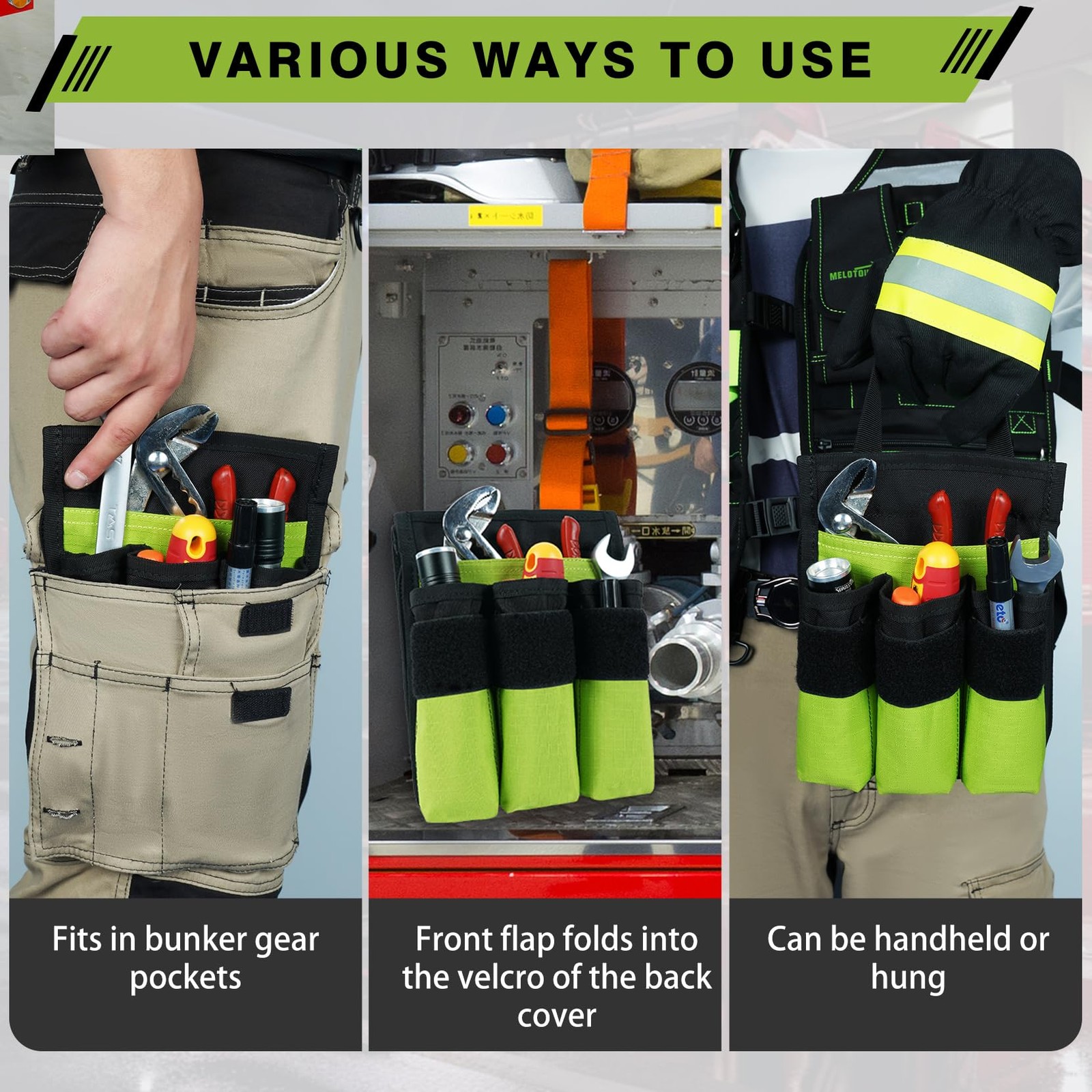 7-Pocket Firefighter Tool Pouch with Carry Handle and Flap, Fits in Bunker Gear