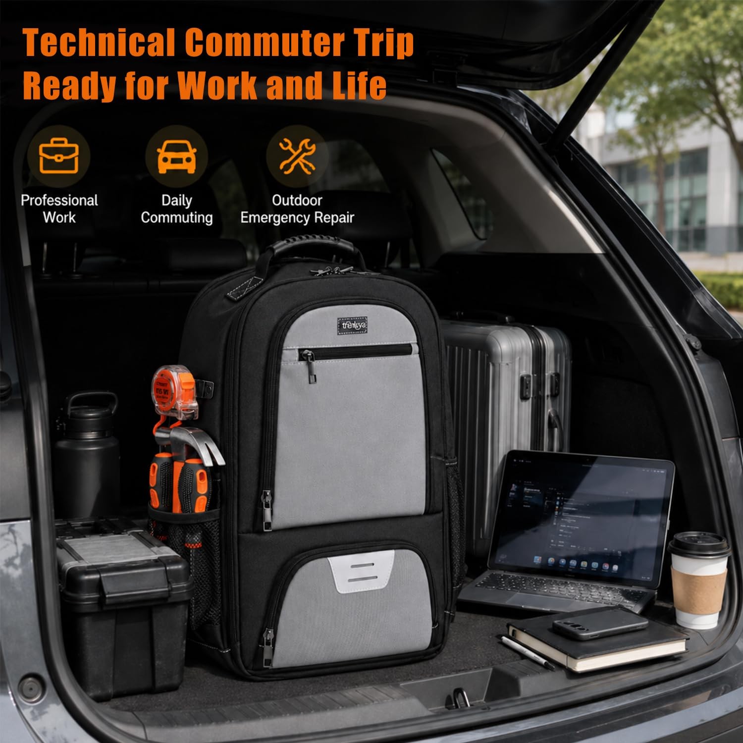 Trenluva Tool Backpack Heavy Duty with Laptop Sleeve, 12.5″ x 7″ x 18″, Grey