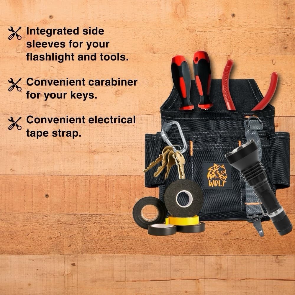 Wolf 13-Pocket Tool Pouch, Heavy-Duty Ballistic Nylon, Clip & Belt Loop, Black