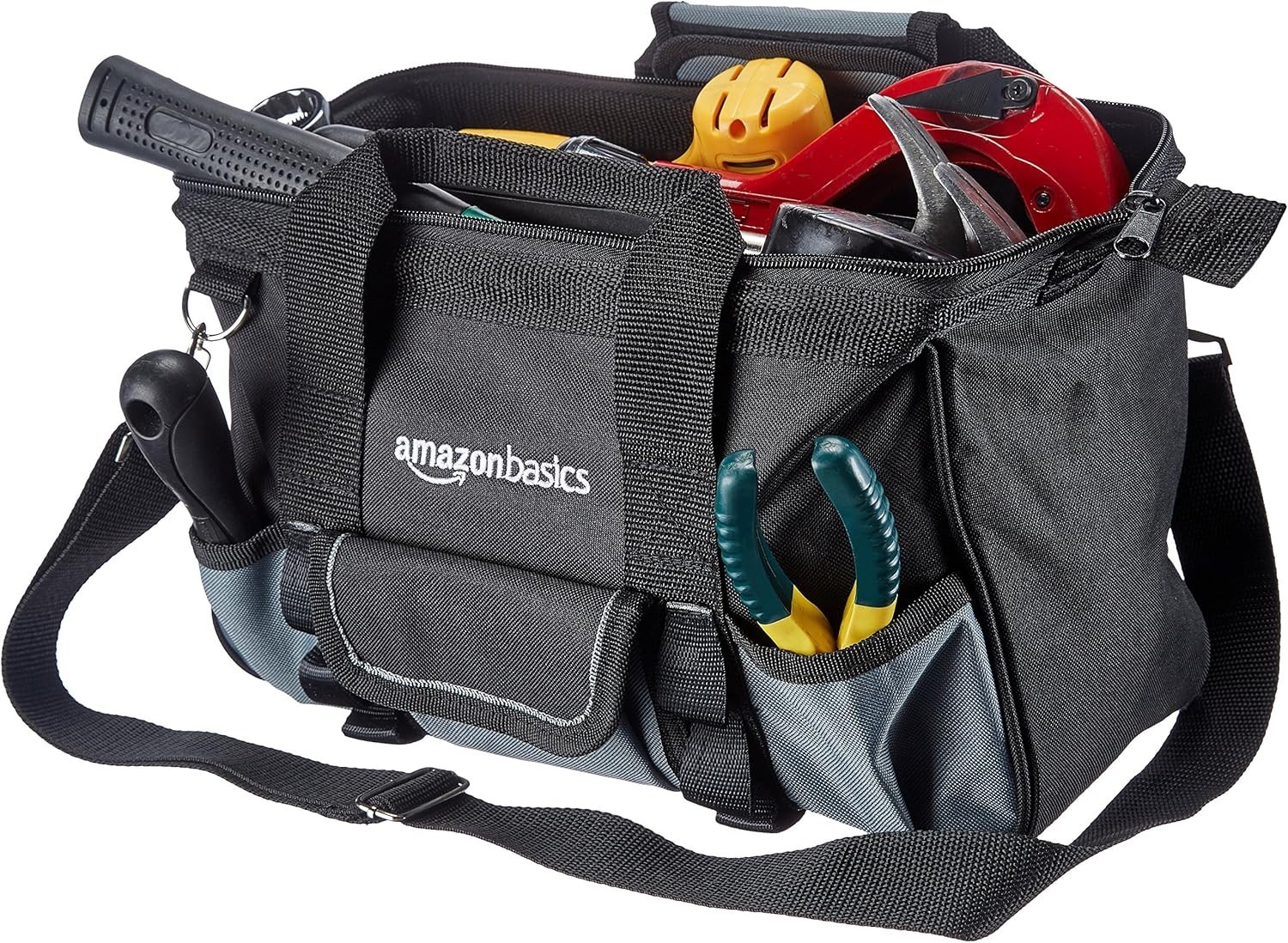 Durable Tool Storage Bag with 16 Pockets & Adjustable Strap, 12in, Black & Gray