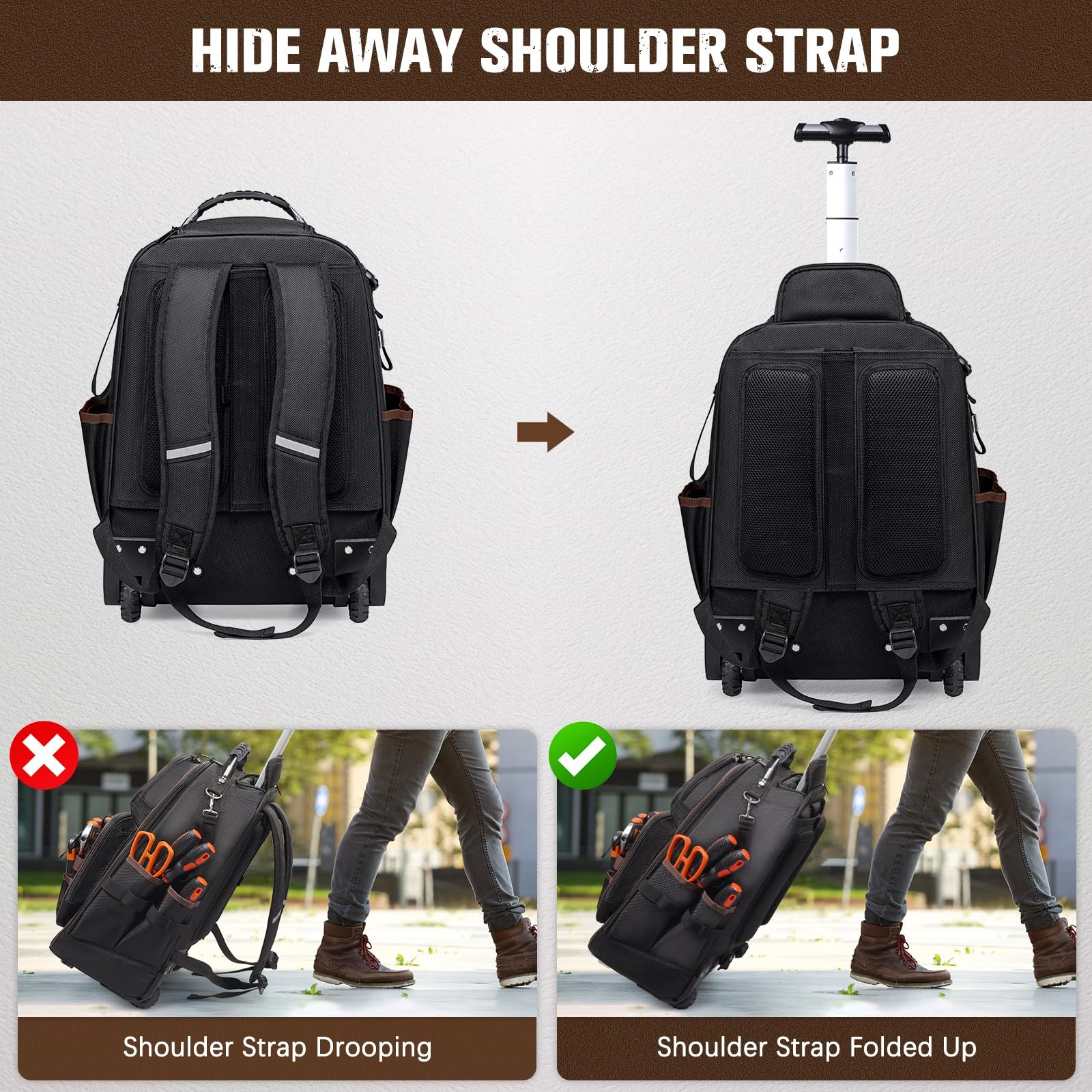 Rolling Tool Backpack Heavy Duty, 43 13.8″ x 8.7″ x 18.5″, ‎Black-Brown