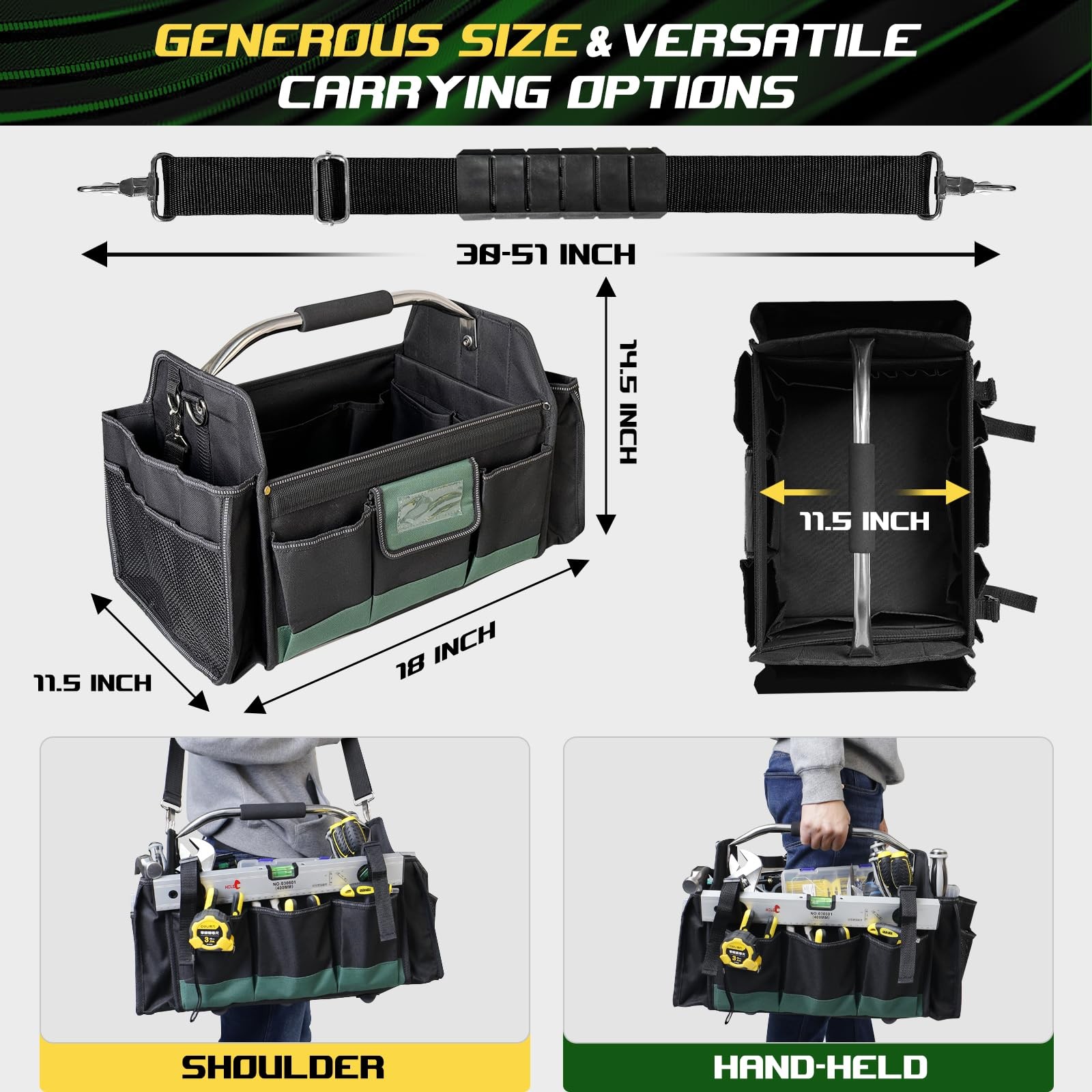 18 Inch Open Top Tool Bag 30 Pockets 1680D Waterproof Foldable Carrier Green