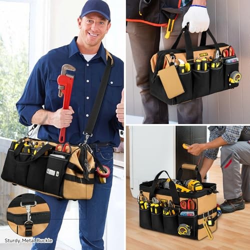 27 Pockets Tool Bags for Men,16-Inch Heavy Duty Tool 16 Inch Black+Brown