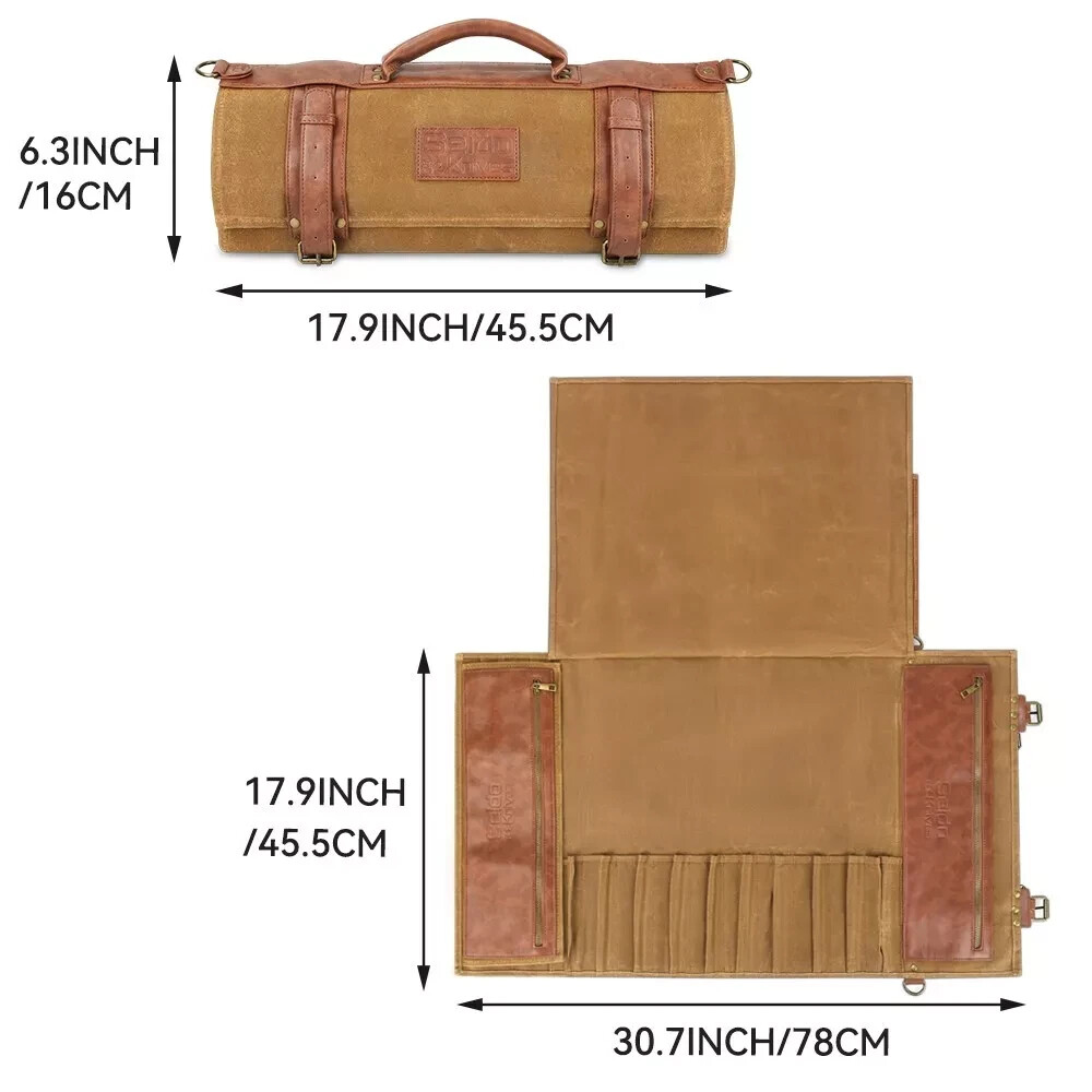 Seido Knives Classic Knife Roll Bag, Heavy Duty Canvas & Leather 18 Knives