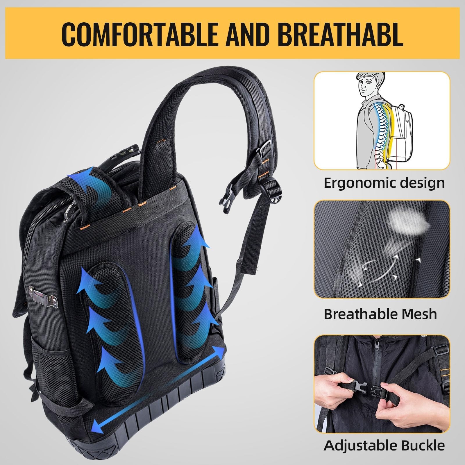 Heavy Duty Tool Backpack, Waterproof Oxford Fabric, 19″ Large Capacity, 44 Pocke