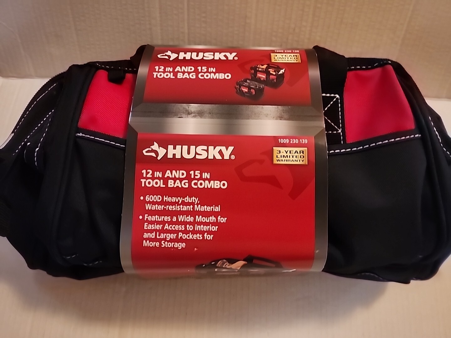 Husky 12 in And 15 in Tool Bag Combo Zippered Top 9 Pockets Model 1009 230 139