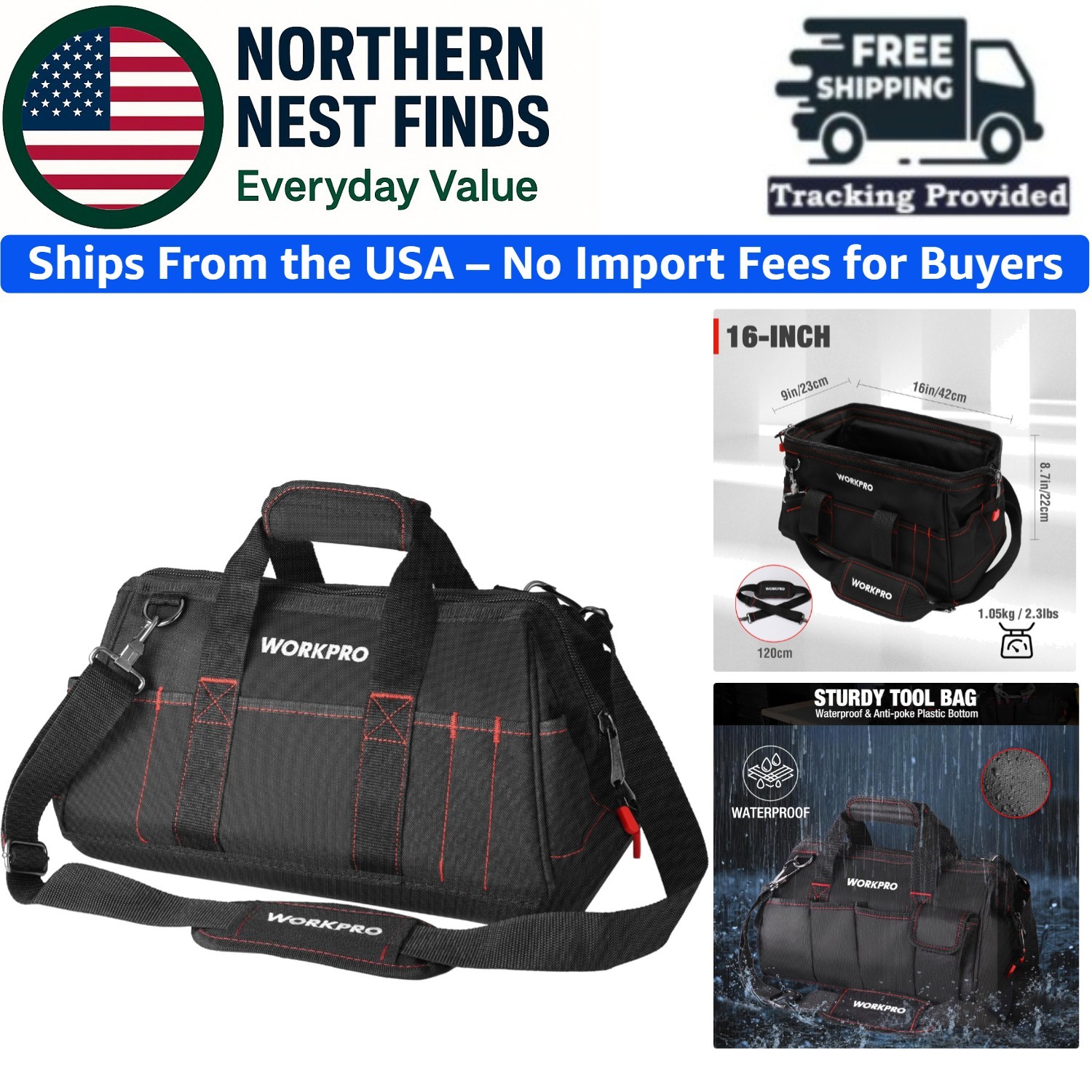 16-Inch Tool Bag with Large Interior and Padded Handle for Durability