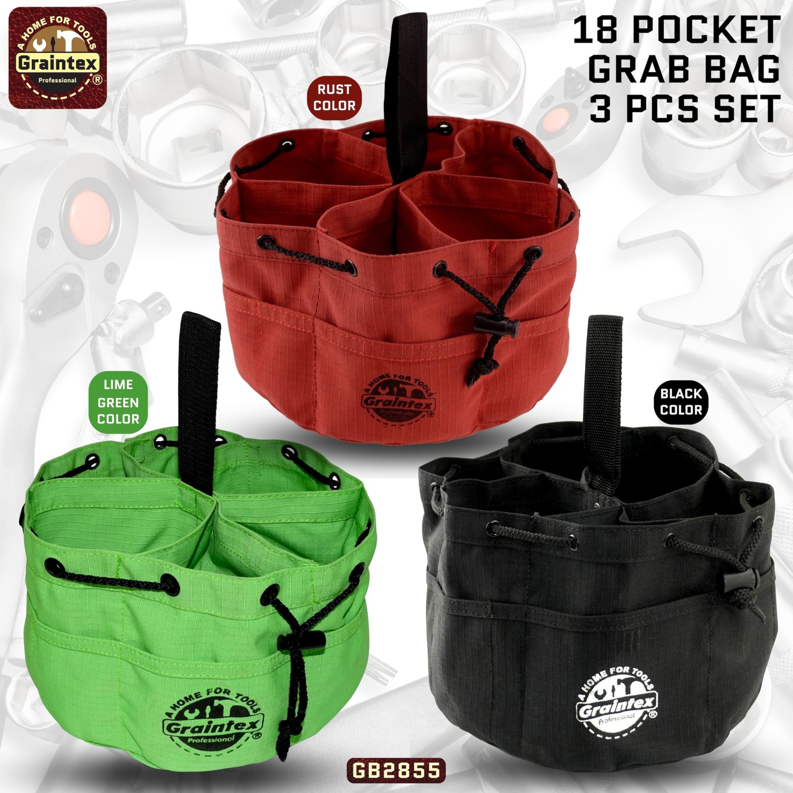 18 Pocket Grab Bags Set of 3 Pcs Rip-Stop Canvas, Drawstring Closure, Small P…
