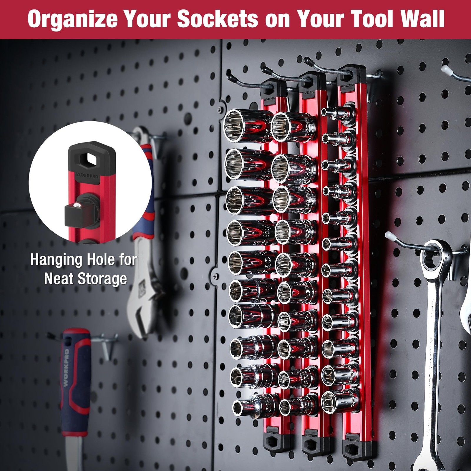WORKPRO Magnetic Socket Organizer Set, 3 Pieces-1/4″, 3/8″, & 1/2″ DR, Red
