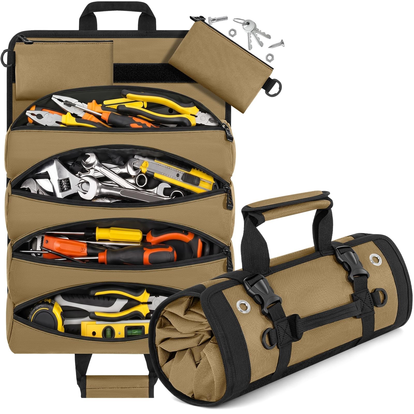 13 Inch Khaki Heavy Duty Roll Up Tool Bag Organizer 2 Detachable Pouches