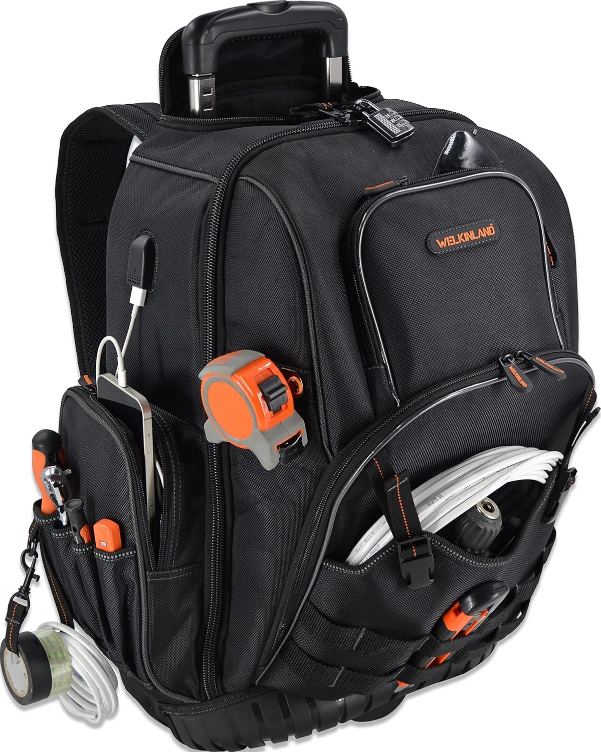 WELKINLAND 72Pockets Rolling Tool backpack, Large tool Large, Black w/ Orange
