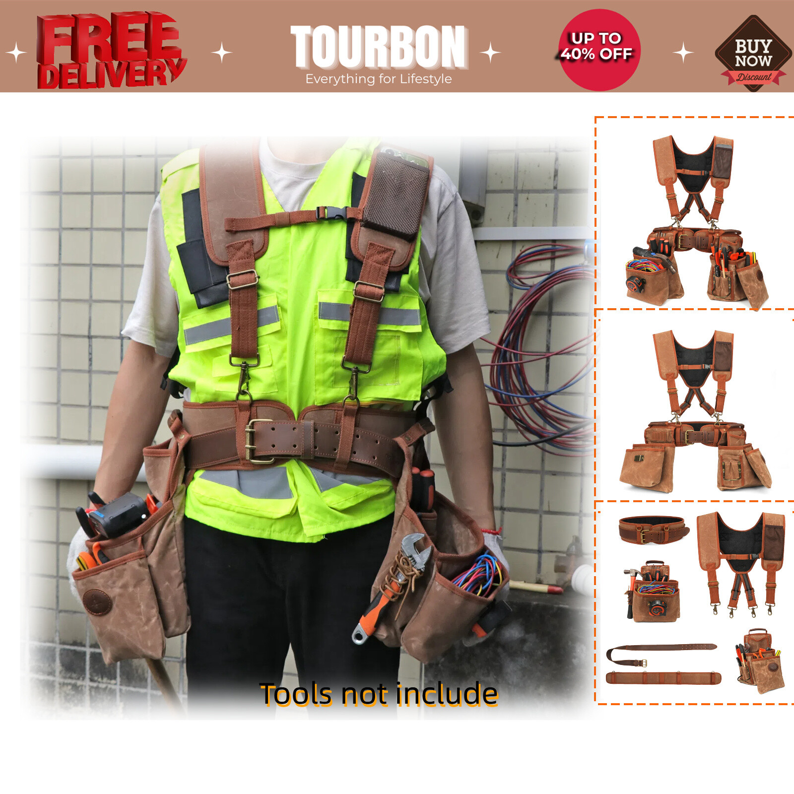 Tourbon Wax Canvas Tool Belt Suspenders Pouch Drill Rig Carpenter Framers Vest
