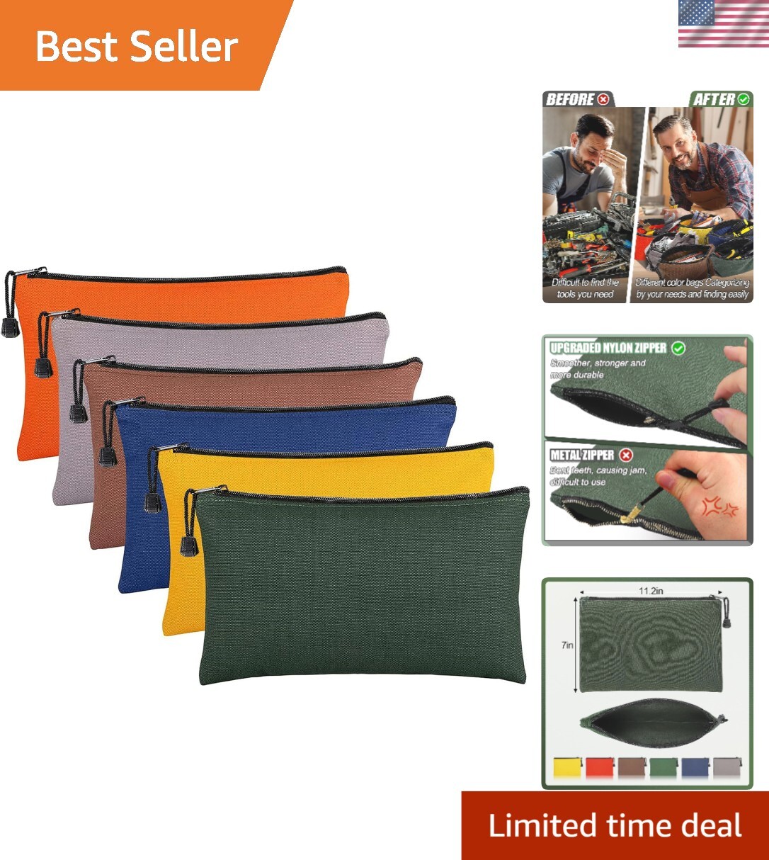 6 Pack Canvas Tool Bags – Heavy Duty Zipper Pouches, 11.2”x 7” Multicolor Set