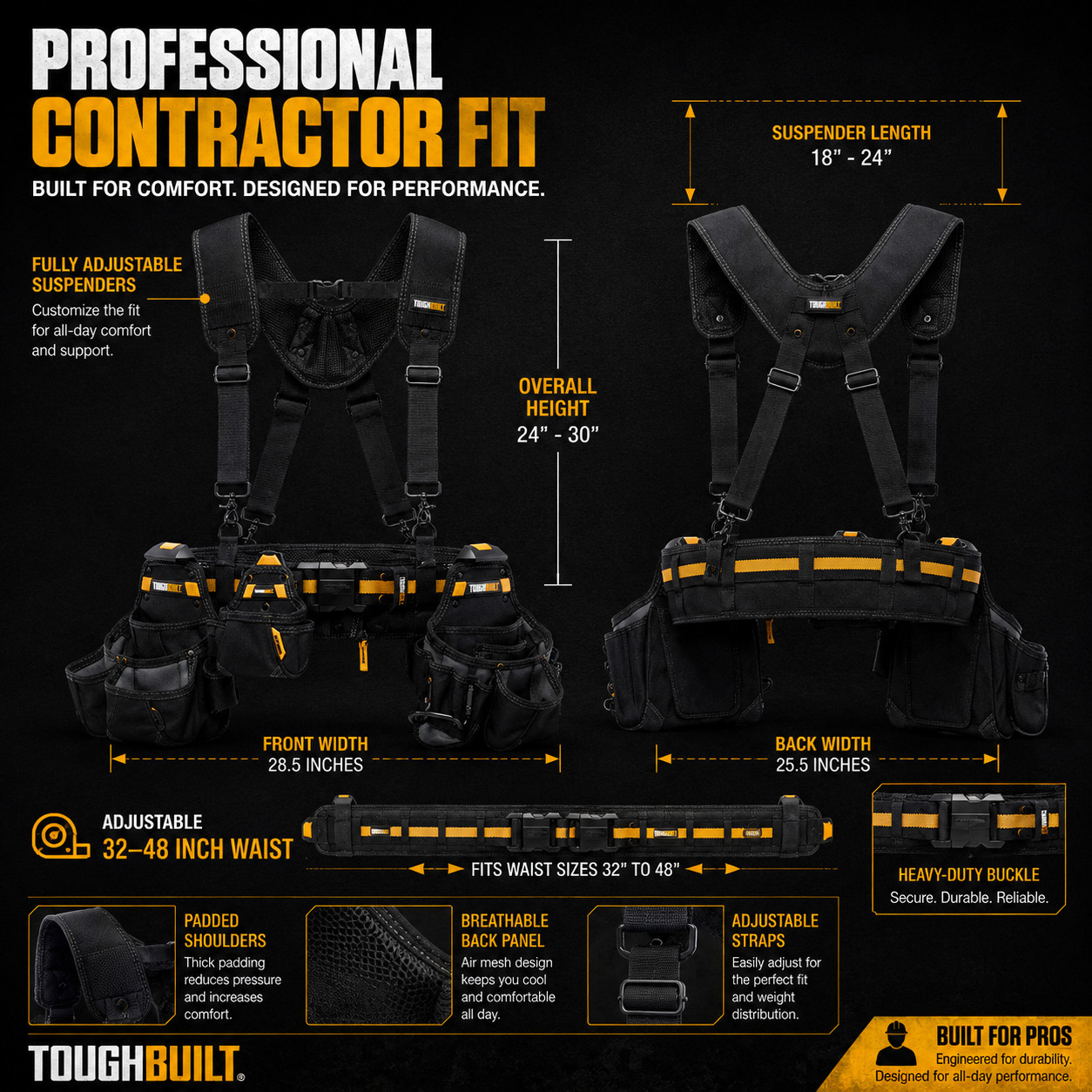 ToughBuilt TB-CT-101-5P Pro Contractor Tool Belt 5-Piece Rig Set w/ Suspenders