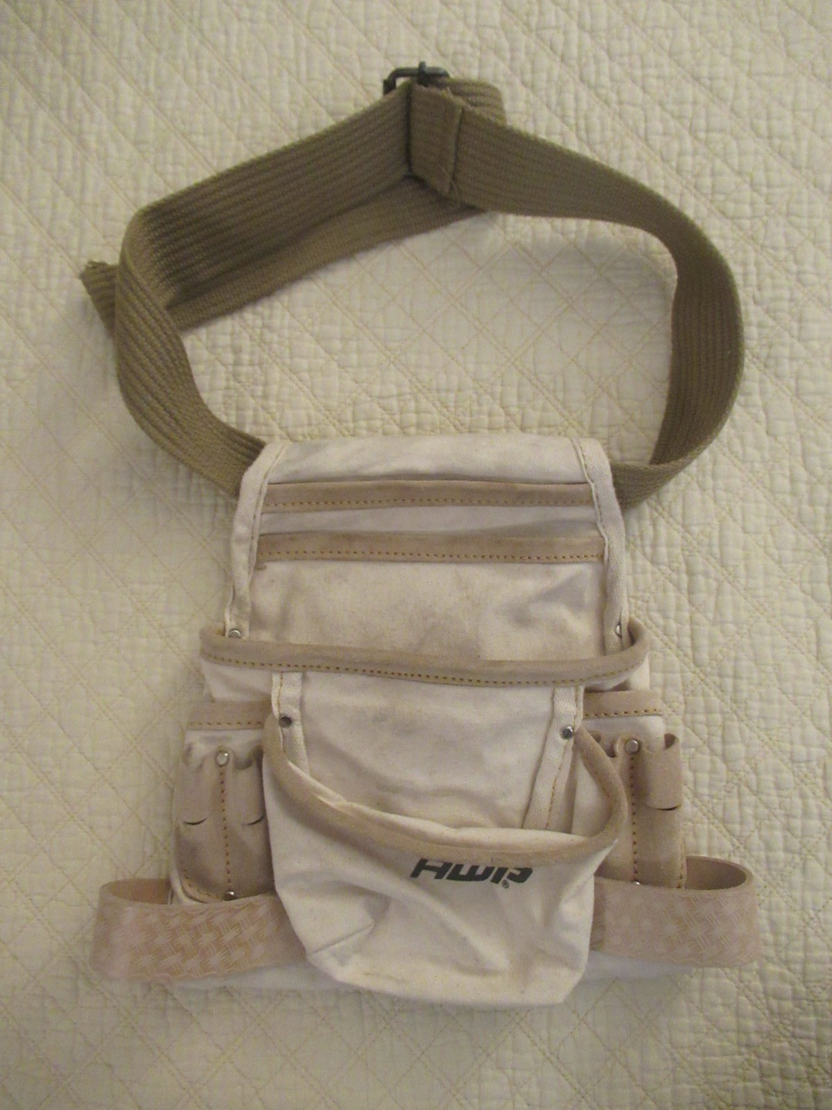 AWP Canvas Leather Beige Tool Belt w/Adjustable Strap, Multiple Pouches & Loops