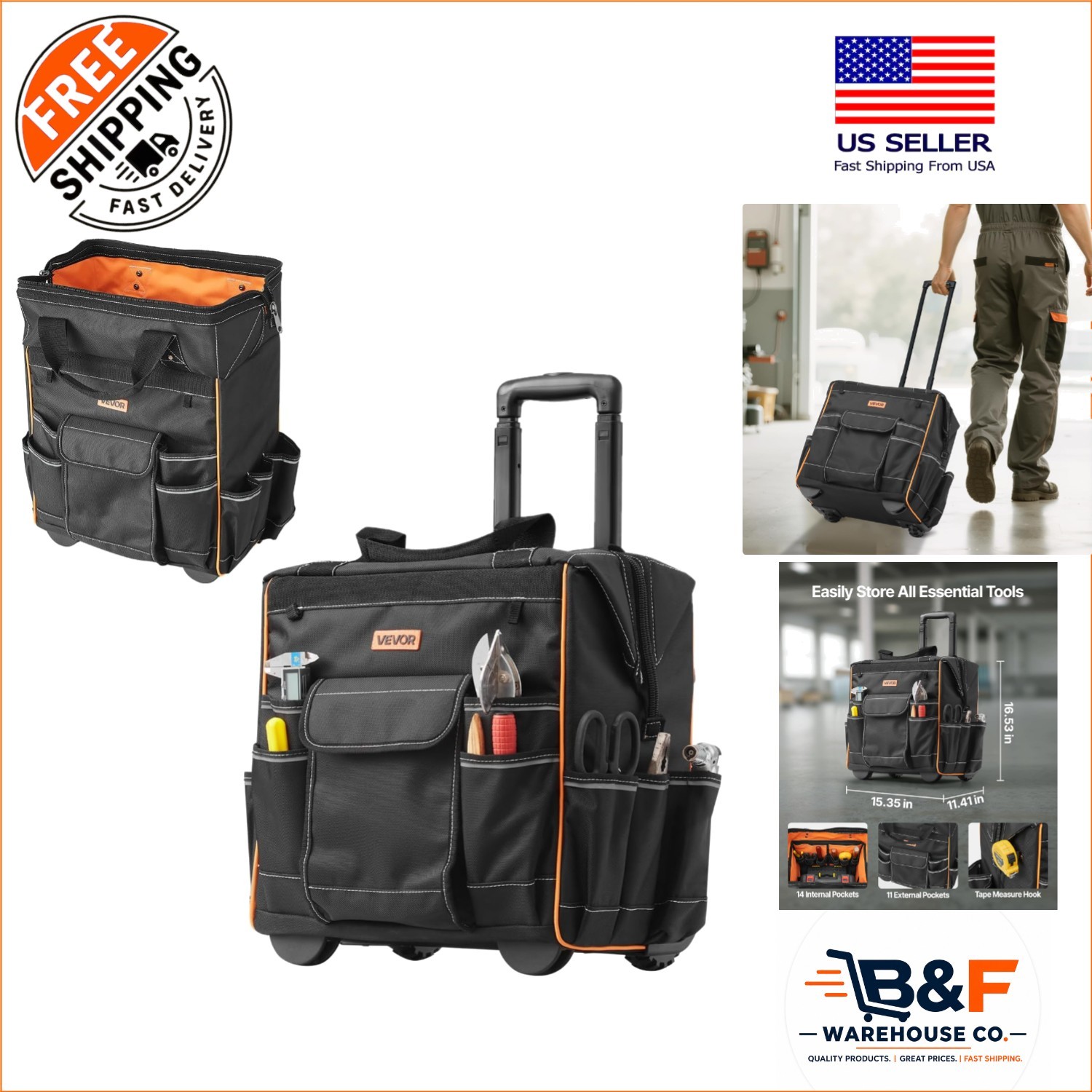15-Inch Heavy Duty Rolling Tool Bag with 110 lbs Capacity & 25 Pockets