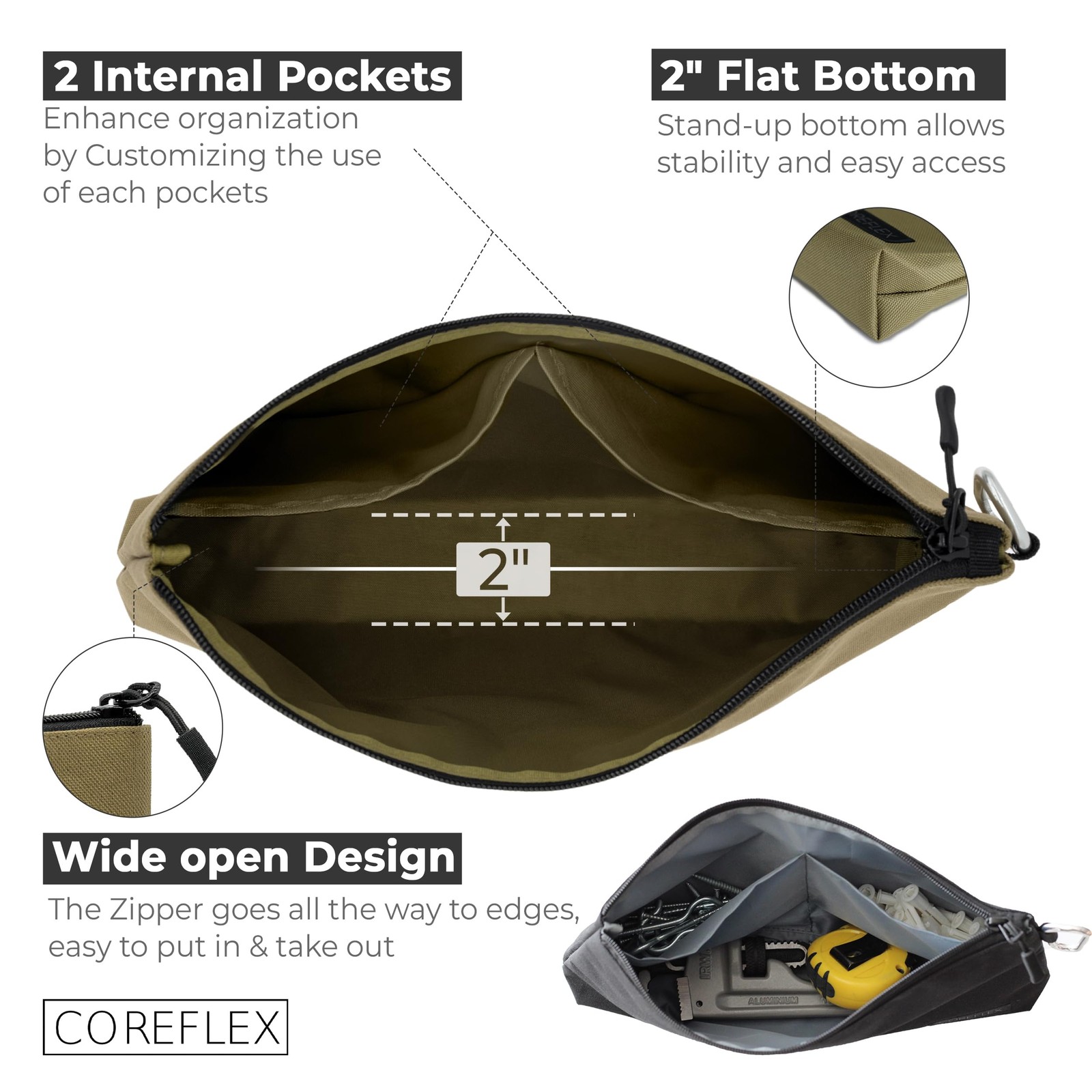 COREFLEX 6 Pack Tool Pouch 12″ Canvas Zipper Bag Heavy Duty Khaki