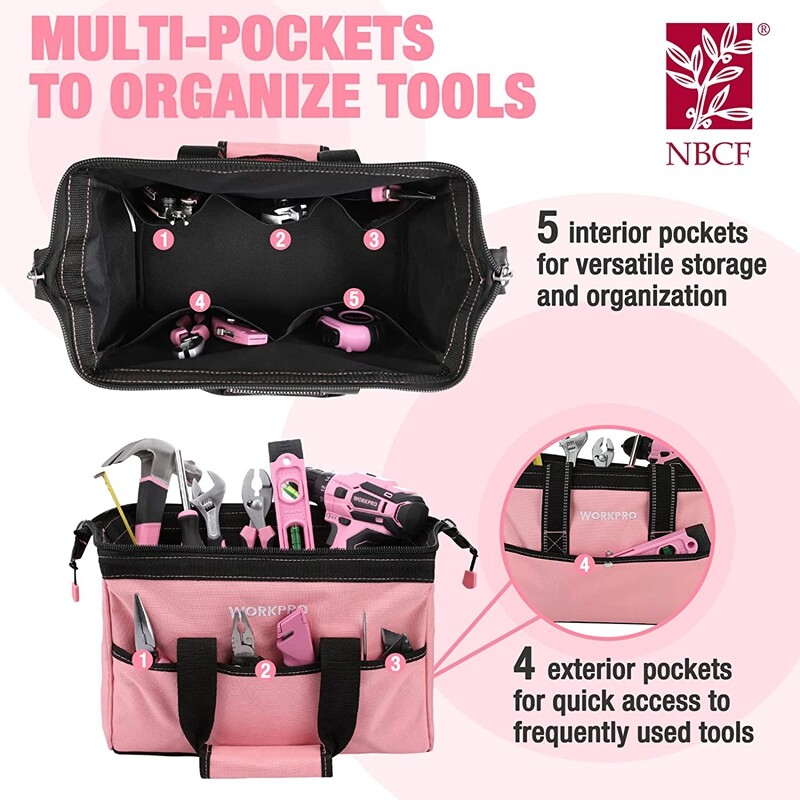 WORKPRO 13-Inch Tool Bag Pink Soft Cloth Tool Storage Bags Wide Mouth Tool Bag
