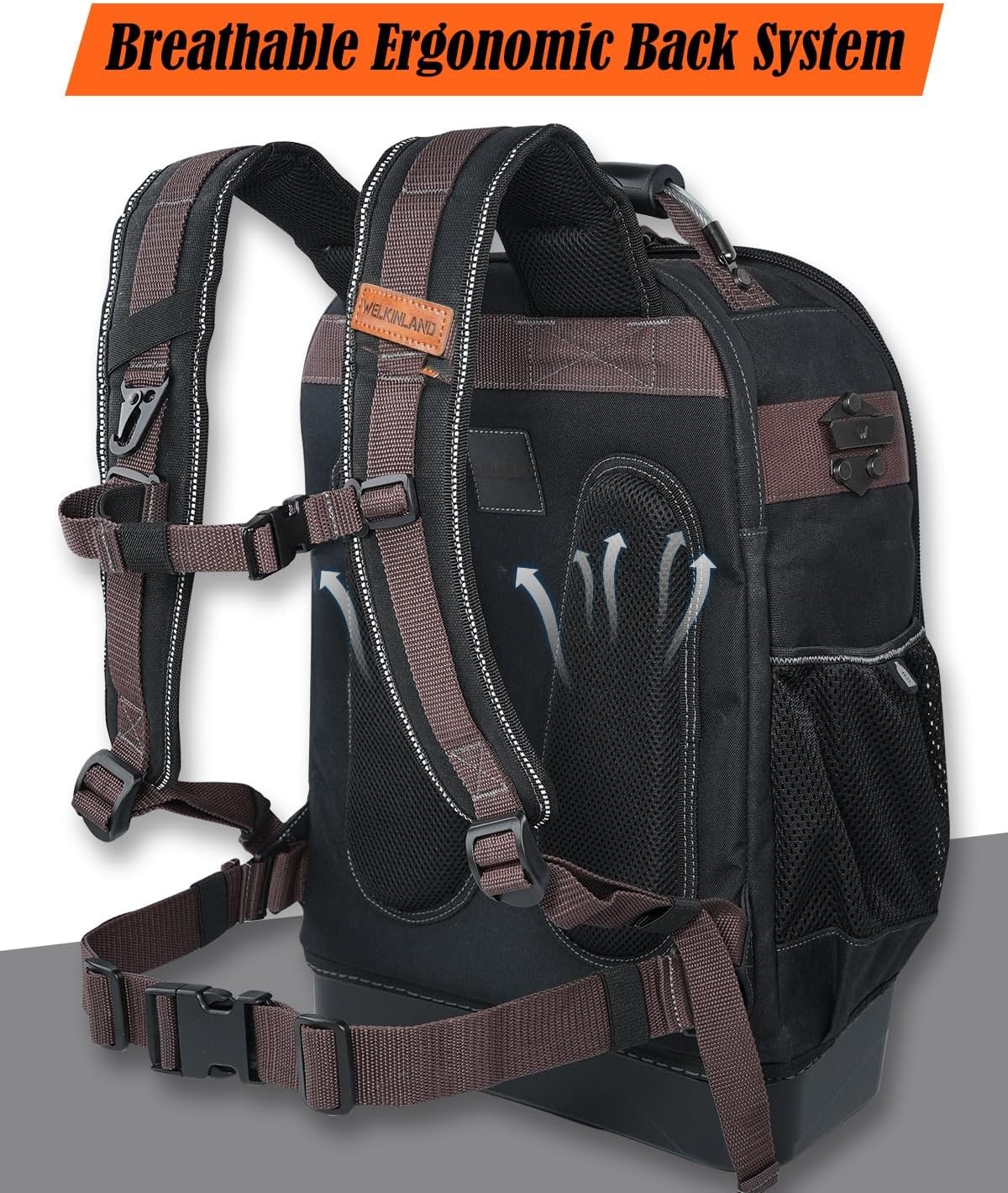 WELKINLAND 76 Pocket Hard Bottom Tool Backpack w/ 16″ Laptop Compartment