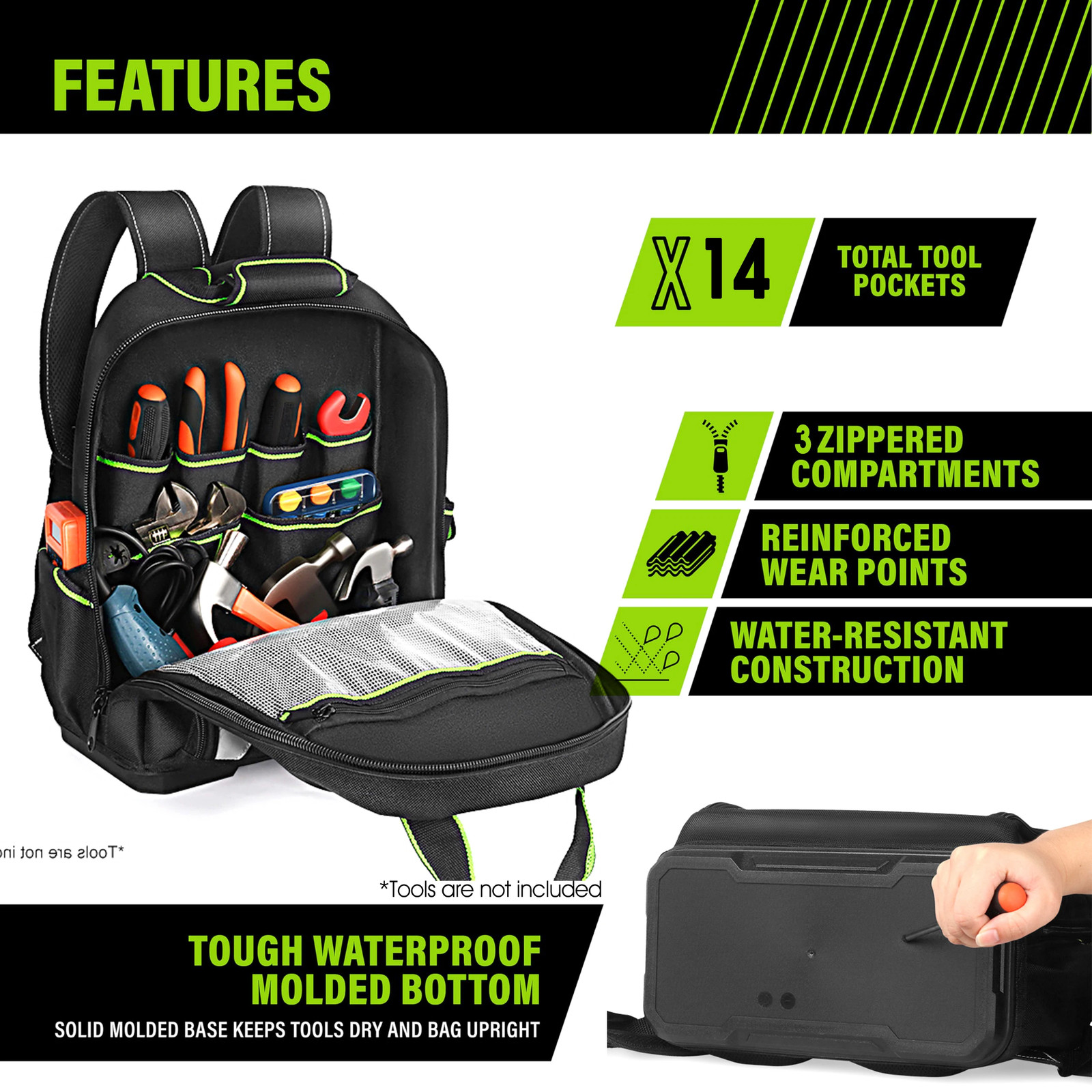 Tool Backpack with Plastic Bottom Organizer Electrician Professional Portable Co