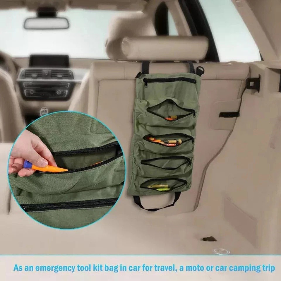 Multi-Purpose Tool Roll Up Bag 5 Pocket Wrench Pouch Canvas Hanging Organizer US