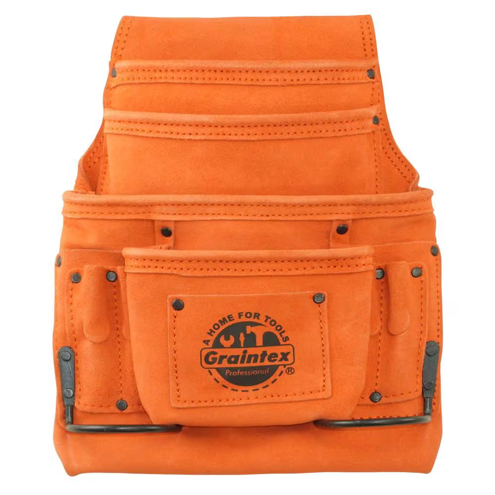 10-Pocket Orange Suede Leather Nail and Tool Pouch W/2 Hammer Holders