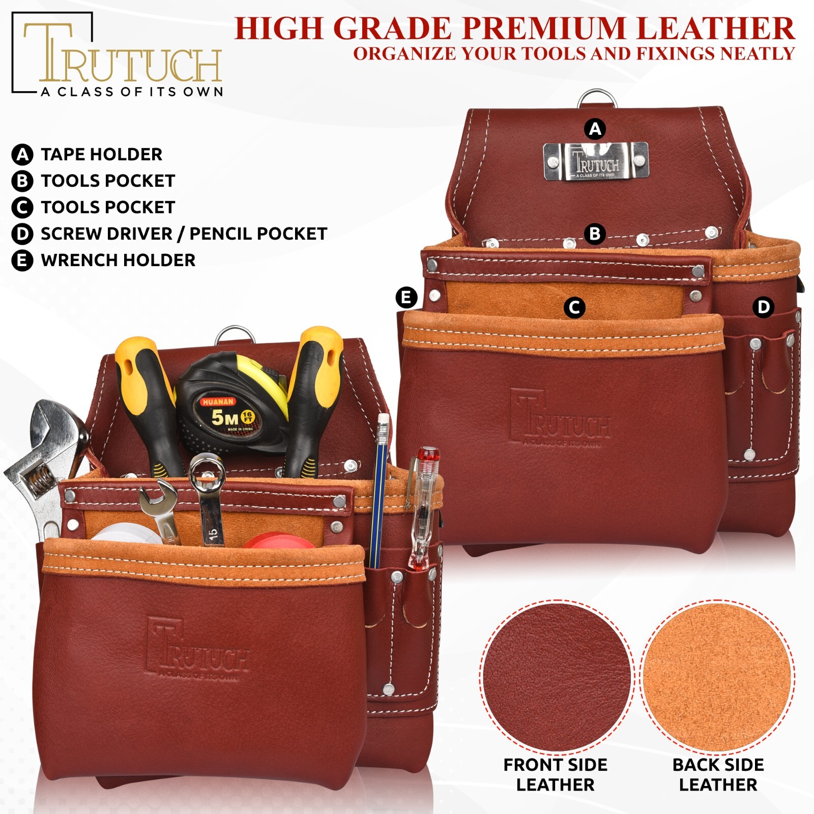Trutuch Maroon Leather Tool Belt with Suspender | Framers Tool Bag | Tool Belt