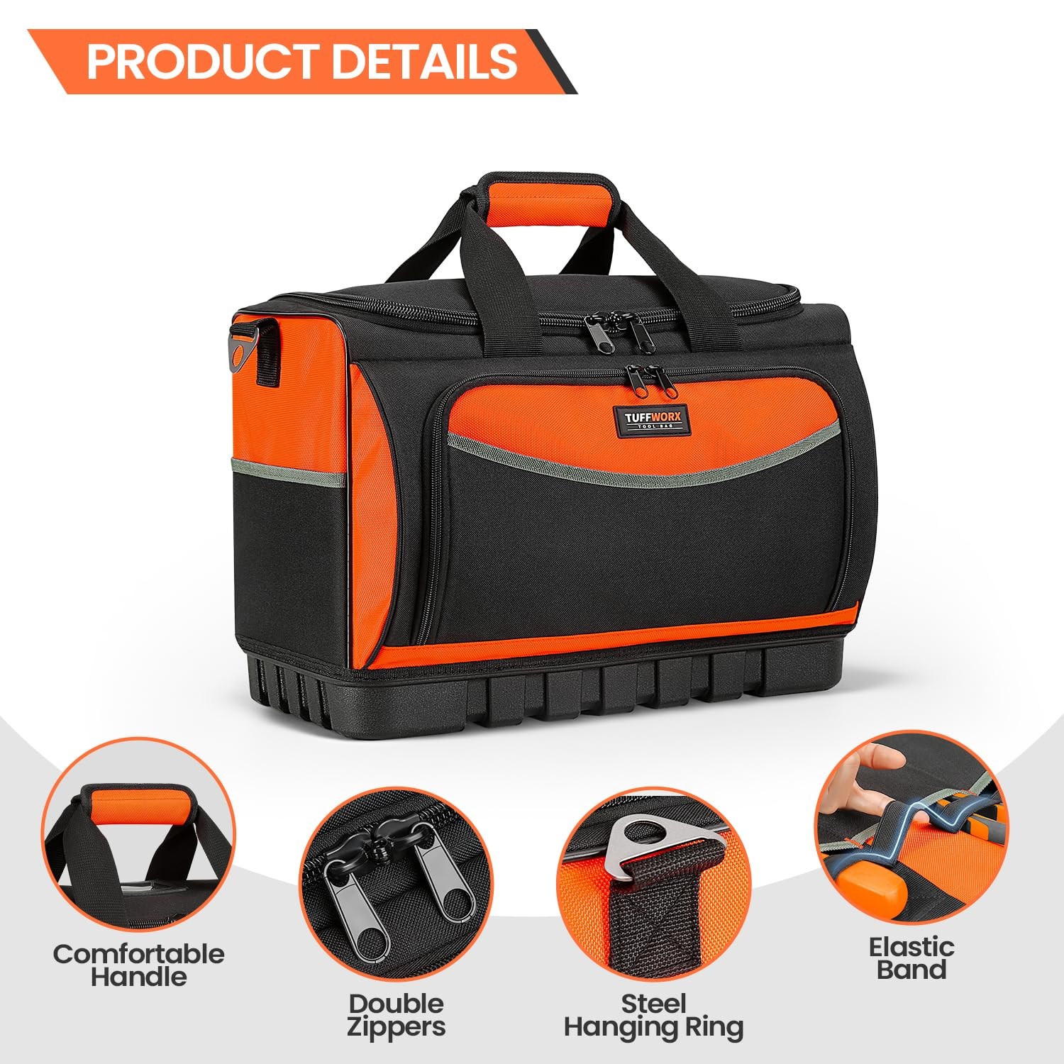 17.7×12.6×11 Inch 18 Pocket Wide Mouth Tool Bag Waterproof Base Black Orange