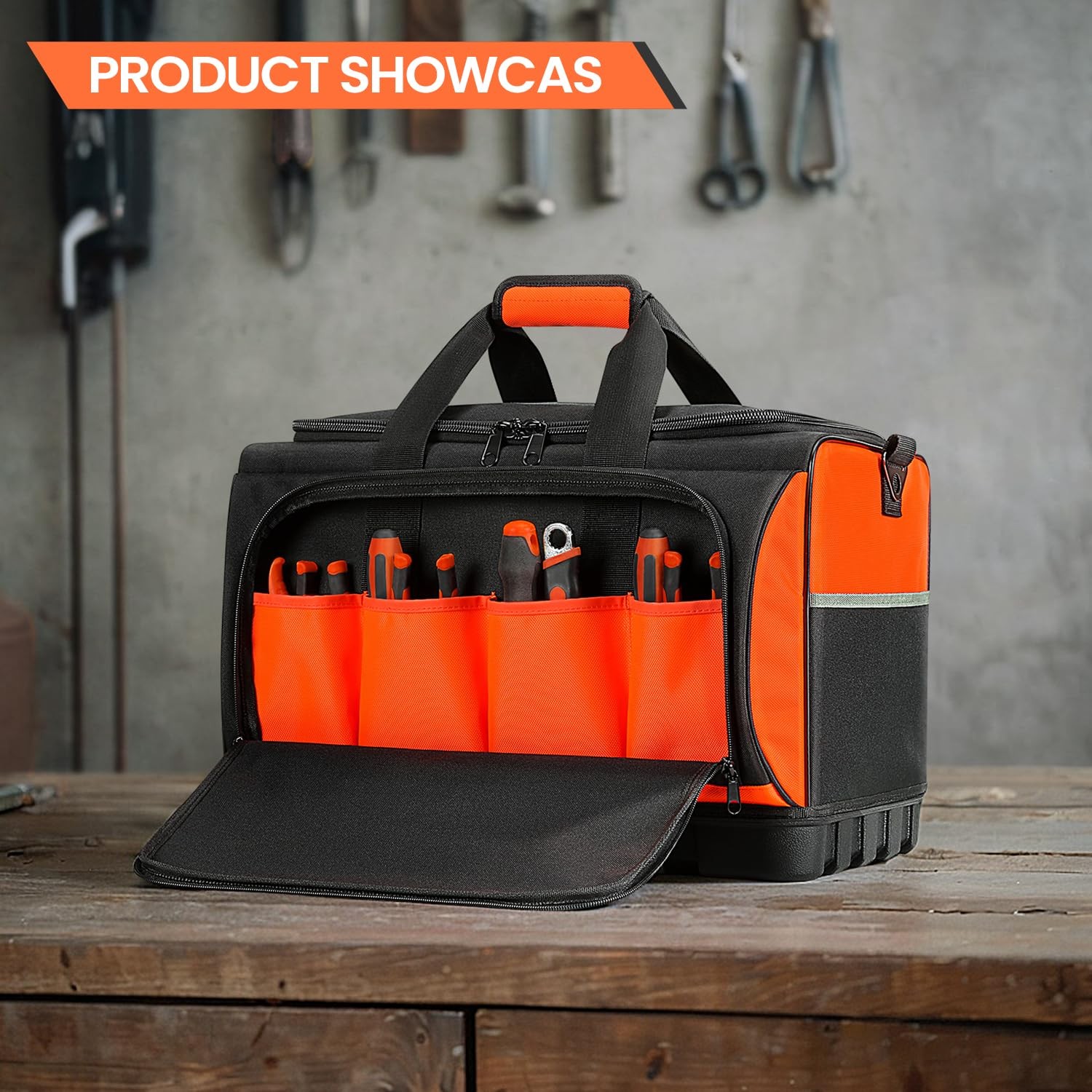 17.7×12.6×11 Inch 18 Pocket Wide Mouth Tool Bag Waterproof Base Black Orange