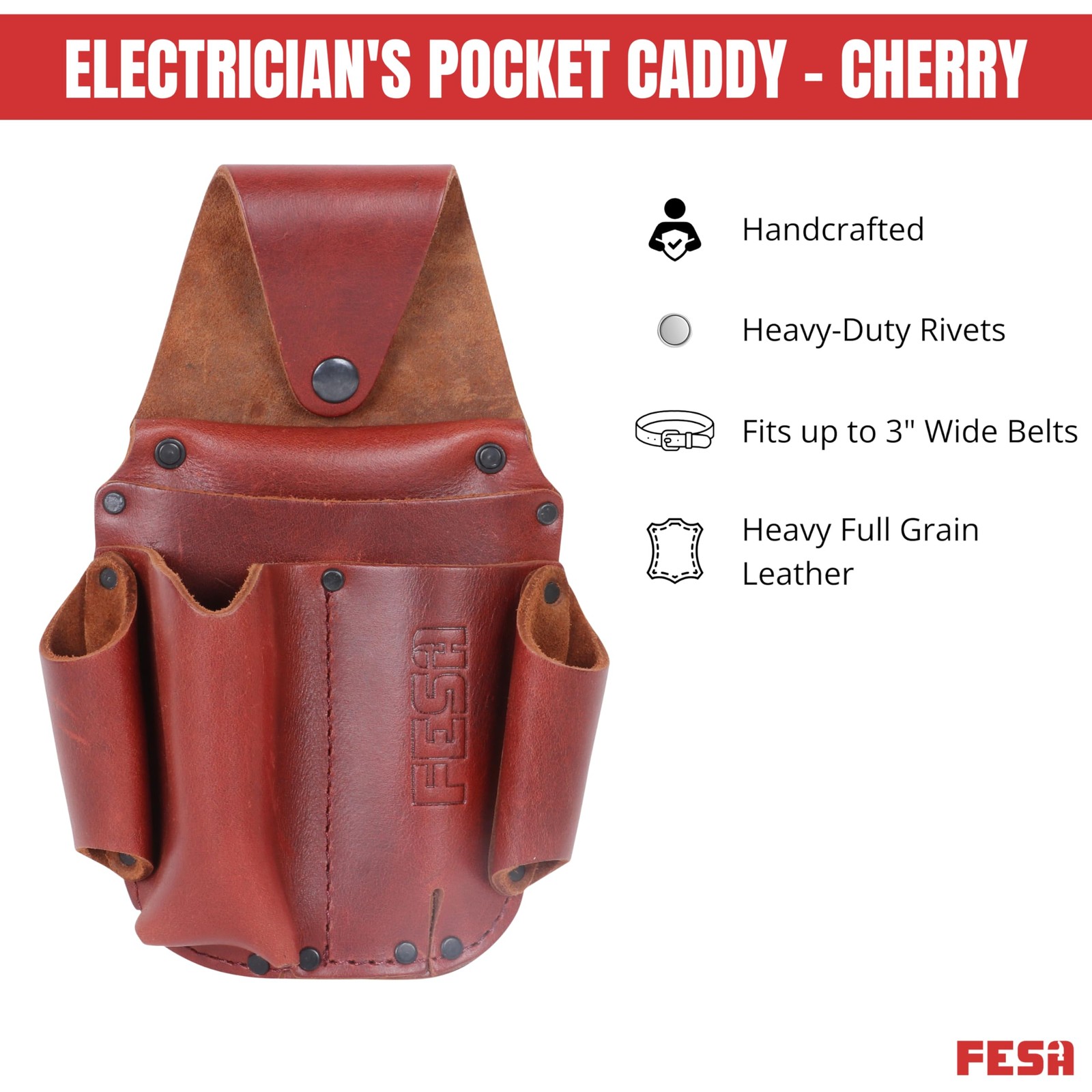 Leather Electrician Pocket Caddy Clip On Tool Pouch Voltage Test Meter Fits 3″