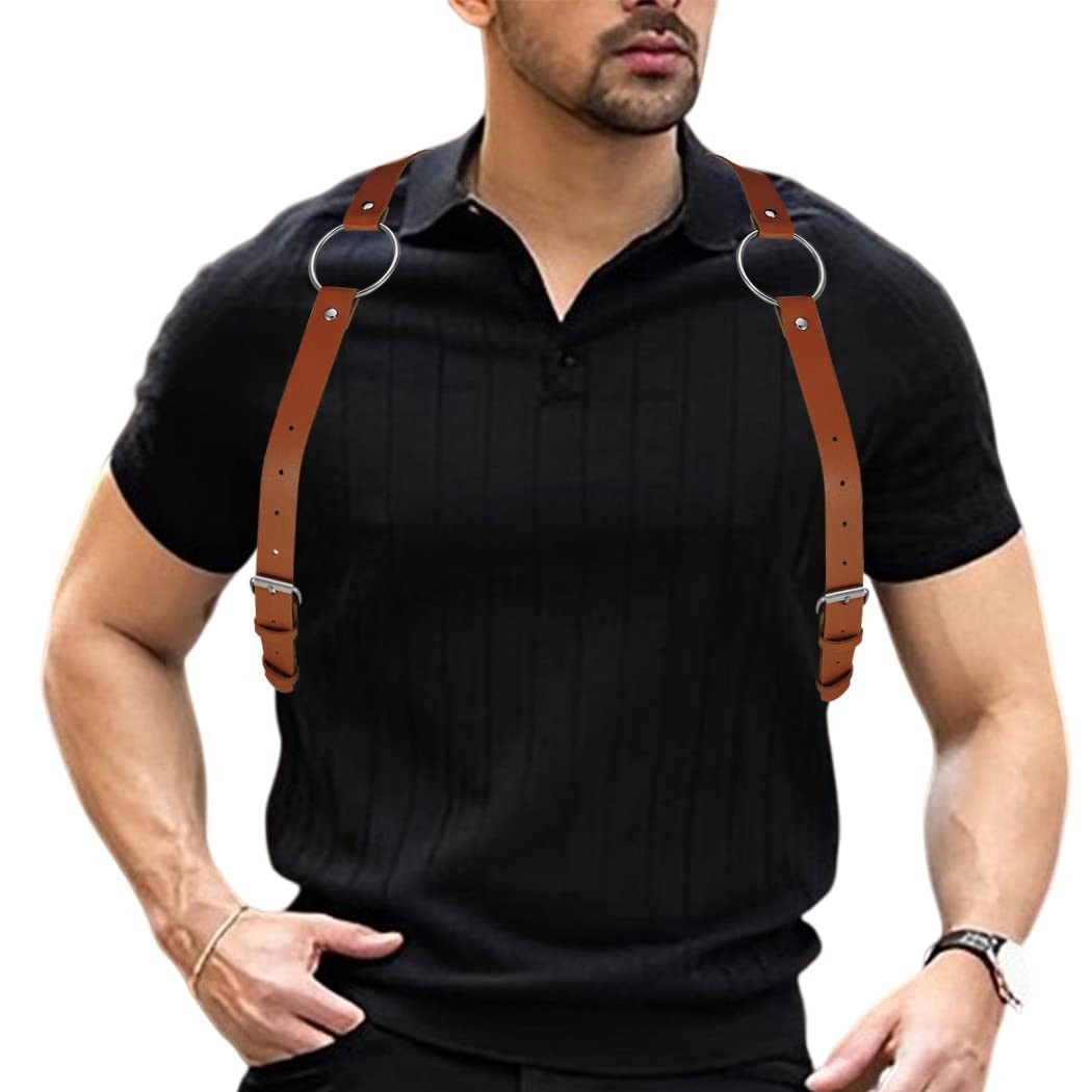 BODIY Men Leather Suspenders Belt Y-Back Shoulder Strap free size, Brown