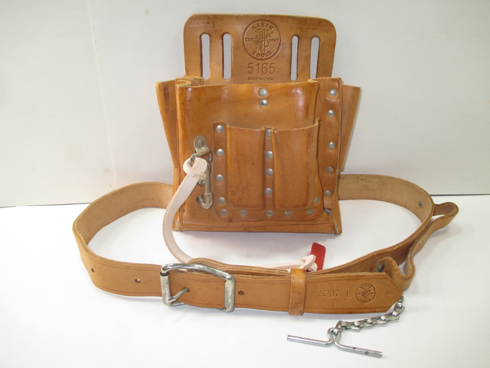 KLEIN TOOLS 5165~10-POCKET -TAN LEATHER TOOL POUCH & 5207-L BELT~TAPE THONG~USA