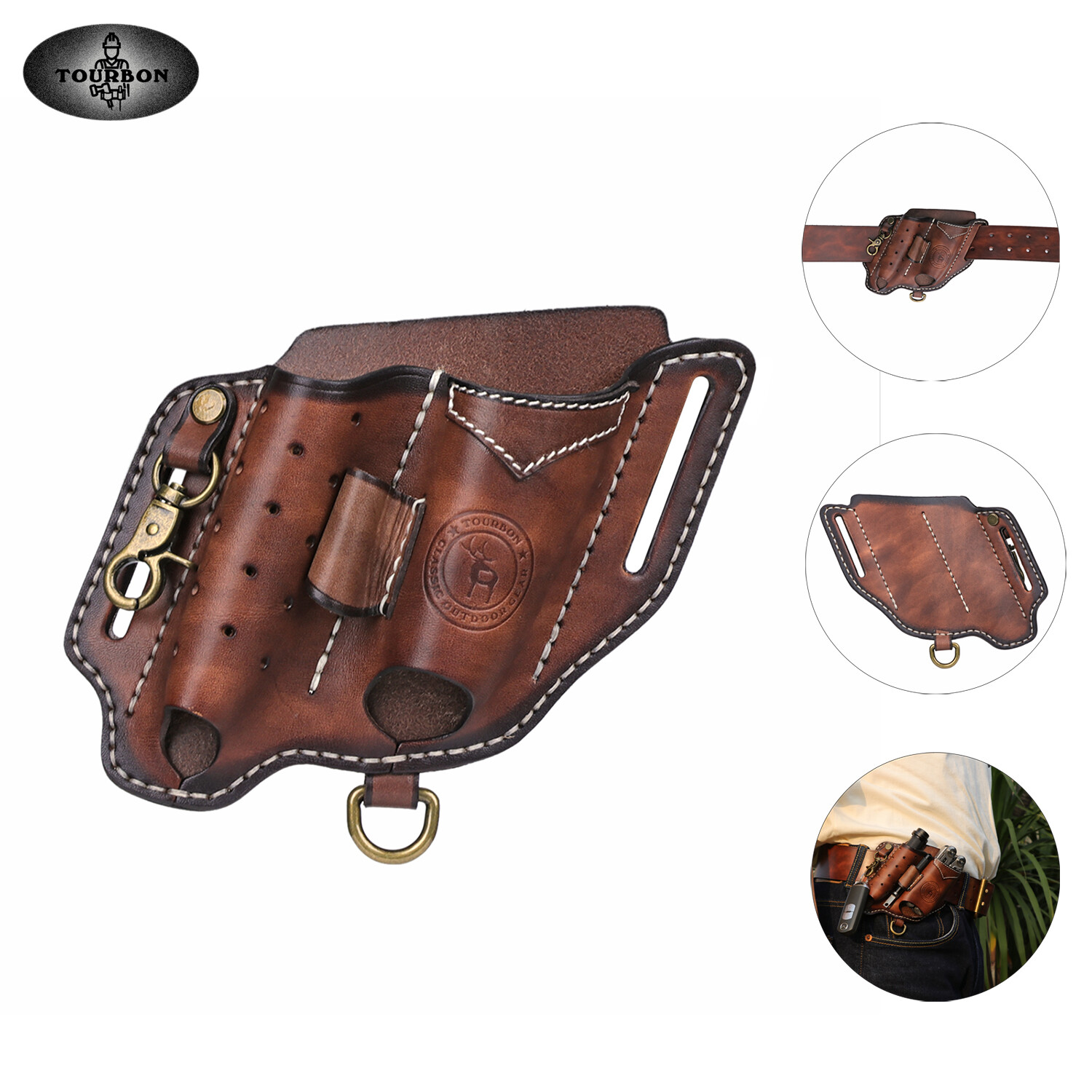 TOURBON Leather EDC Multitool Pouch Flashlight Holder Knife Belt Holster Camping