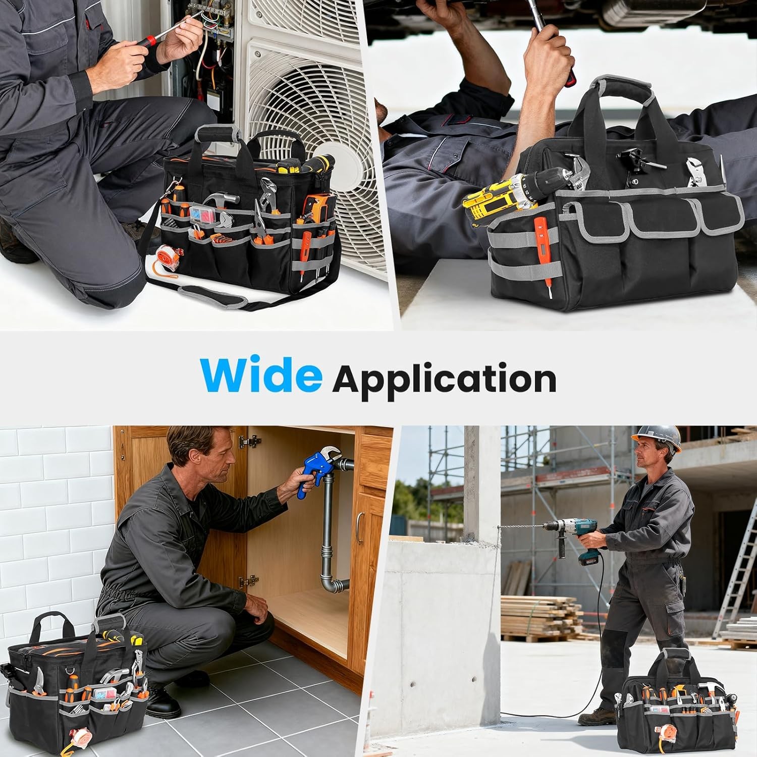 Heavy Duty Tool Bag, 17 Inch Tool Bags for Men with Multi-Pockets