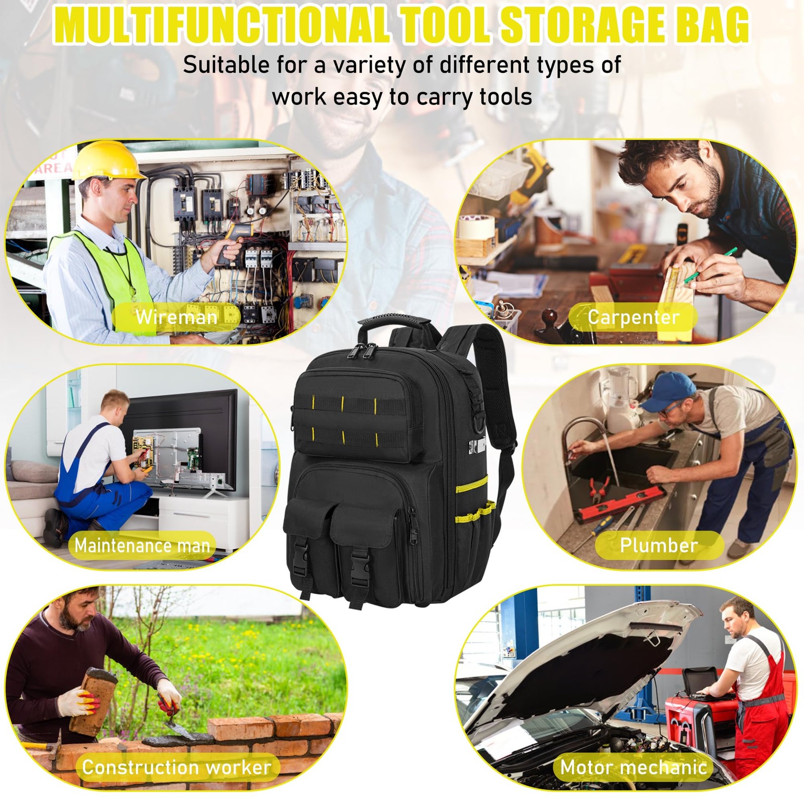 Heavy Duty Tool Backpack Padded Shoulder Removable Organizer WaterResistant