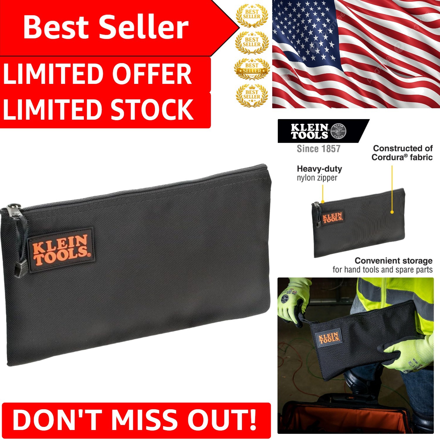 Klein 12.5-Inch Heavy-Duty Cordura Nylon Zipper Bag for Ultimate Tool Storage