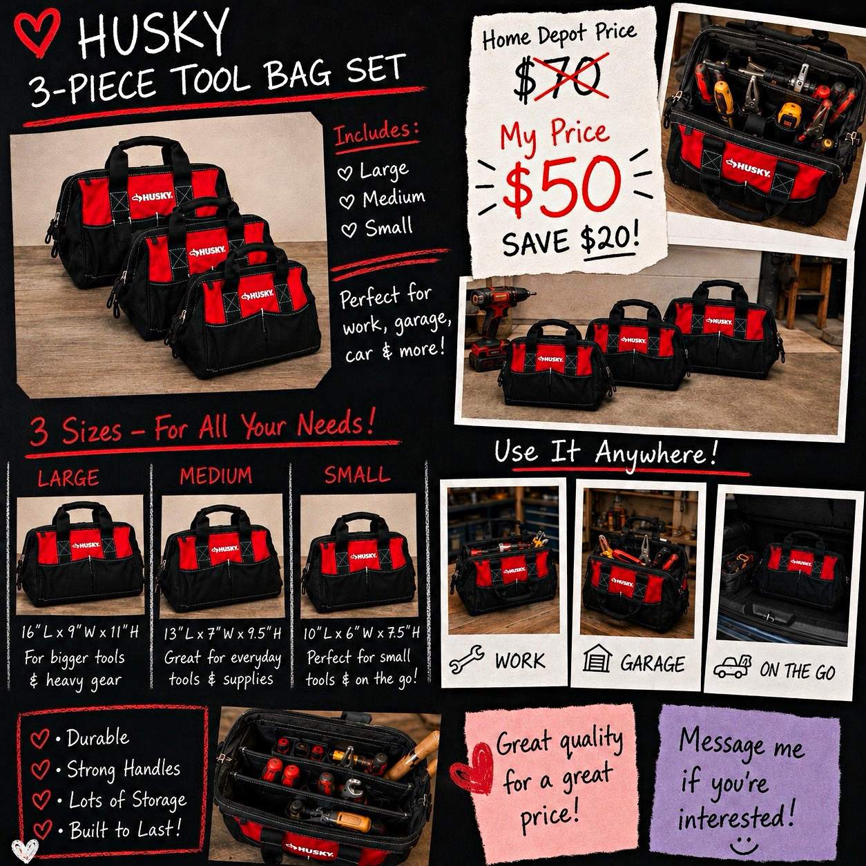 Husky 3-Piece Tool Bag Set w/ Handle Large Medium Small Black/Red