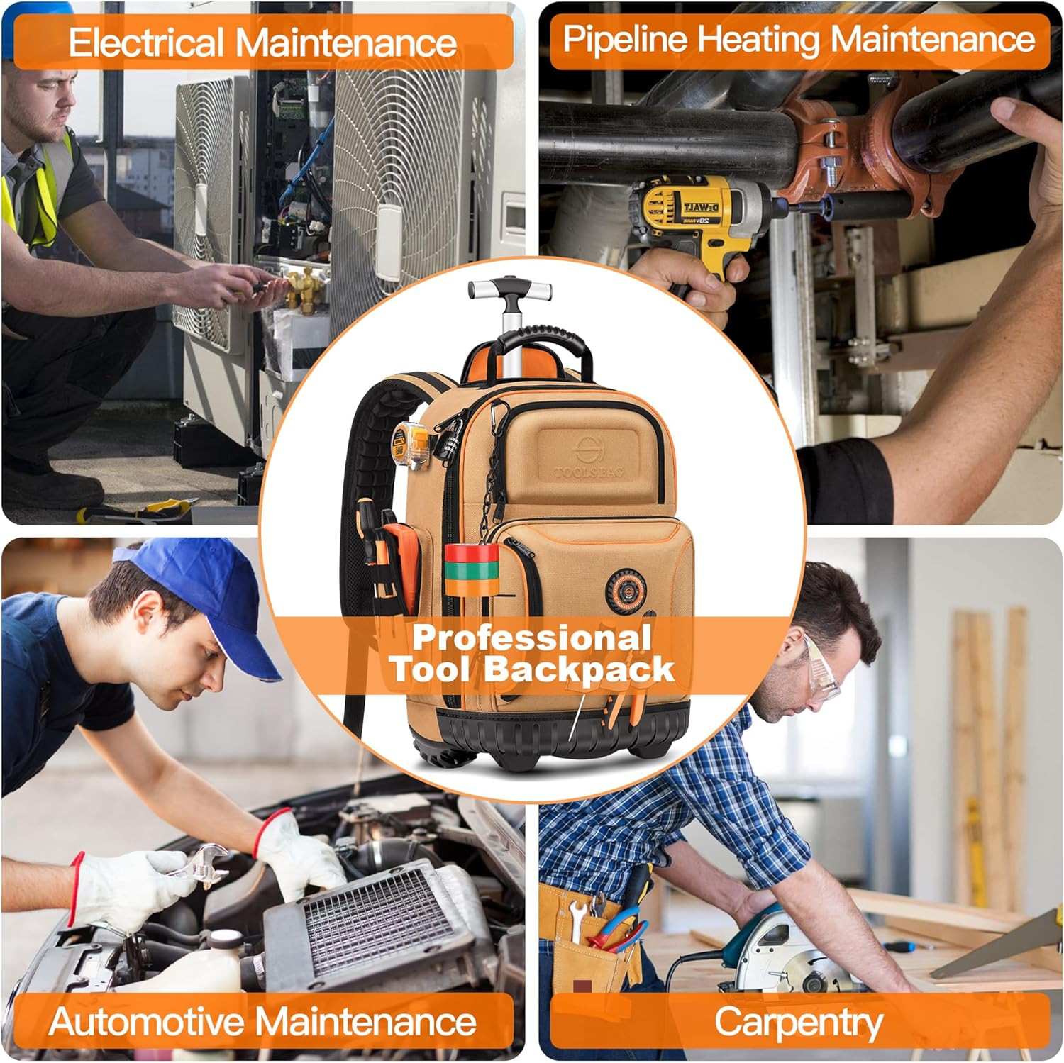 Wheeled Tool Backpack for Electricians – 75 Pockets, Durable Brown Design