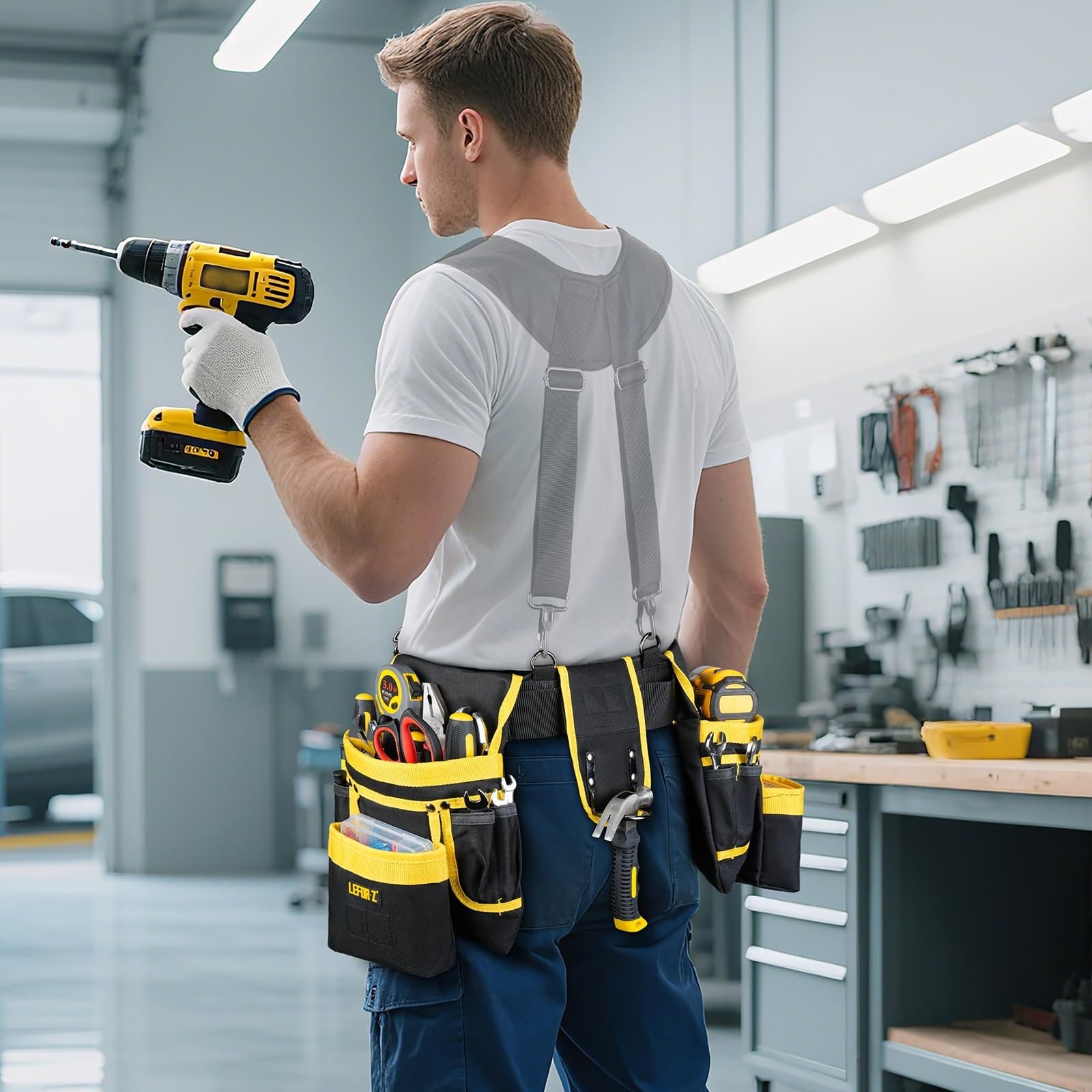 Heavy Duty Tool Belt with 4 D-Rings & 27 Pockets, Adjustable Utility Belt for El