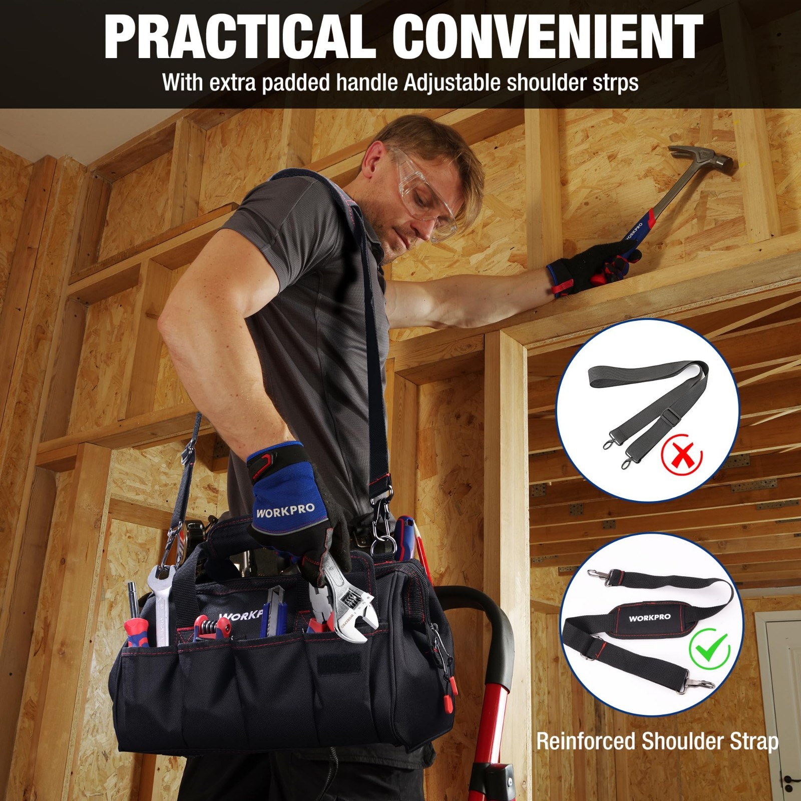 14″ Multi-Pocket Tool Bag Organizer with Adjustable Shoulder Strap – Black