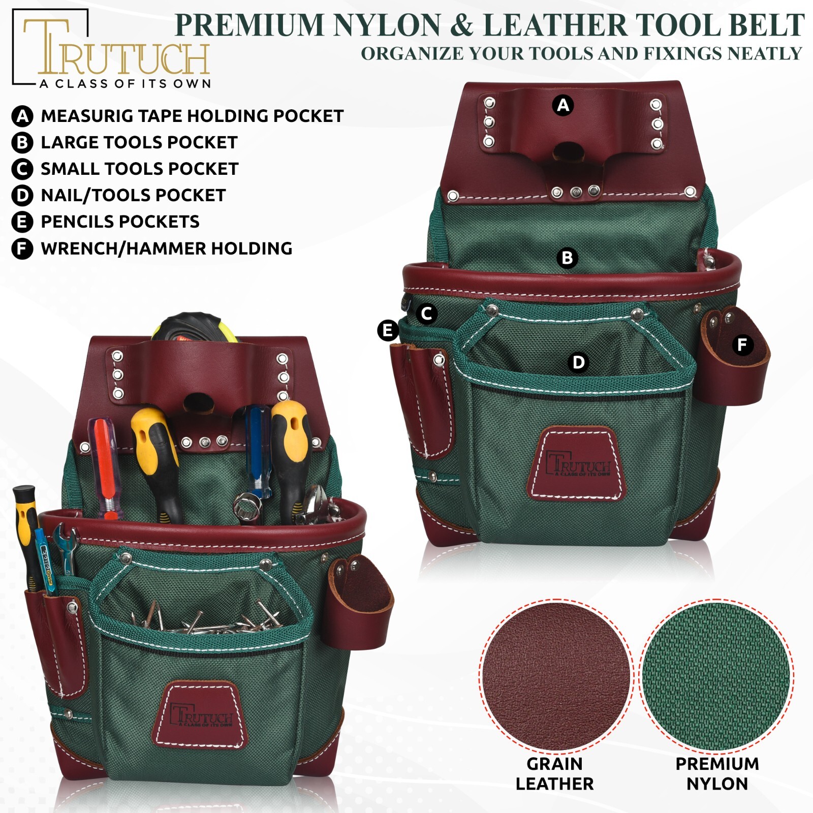 TRUTUCH Nylon and Leather Tool Belt | Framing Tool Bags | Nylon Tool Pouch