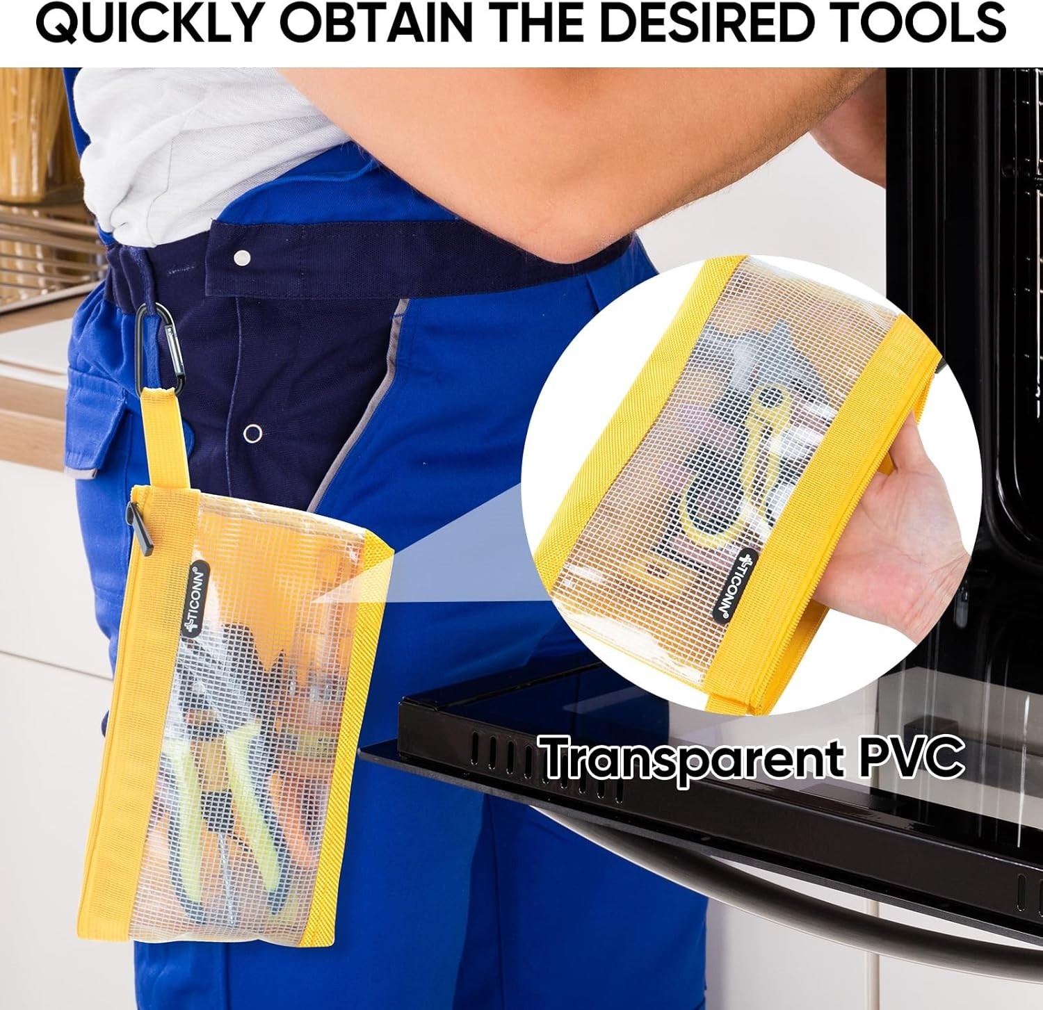 Utility Tool Pouch 3 Pack Zipper Closure Oxford Fabric Clear Storage Bags