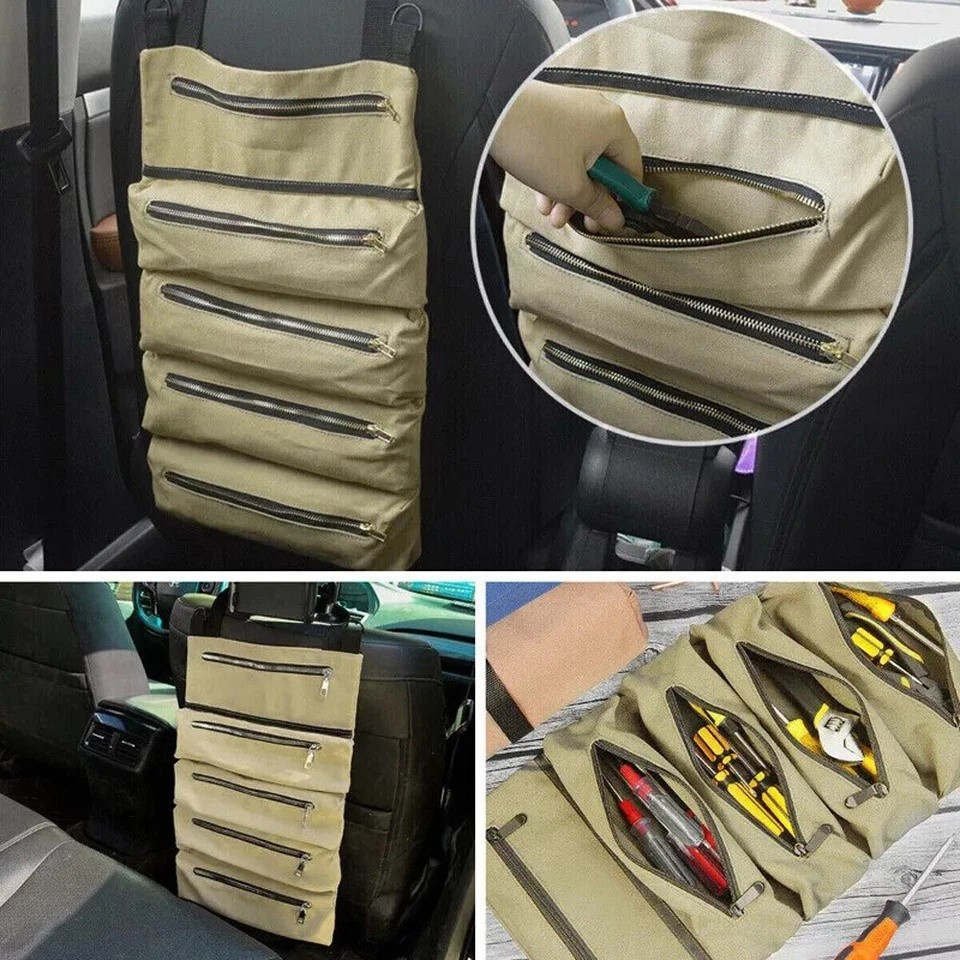 Multi-Purpose Tool Roll Up Bag 5 Pocket Wrench Pouch Canvas Hanging Organizer US